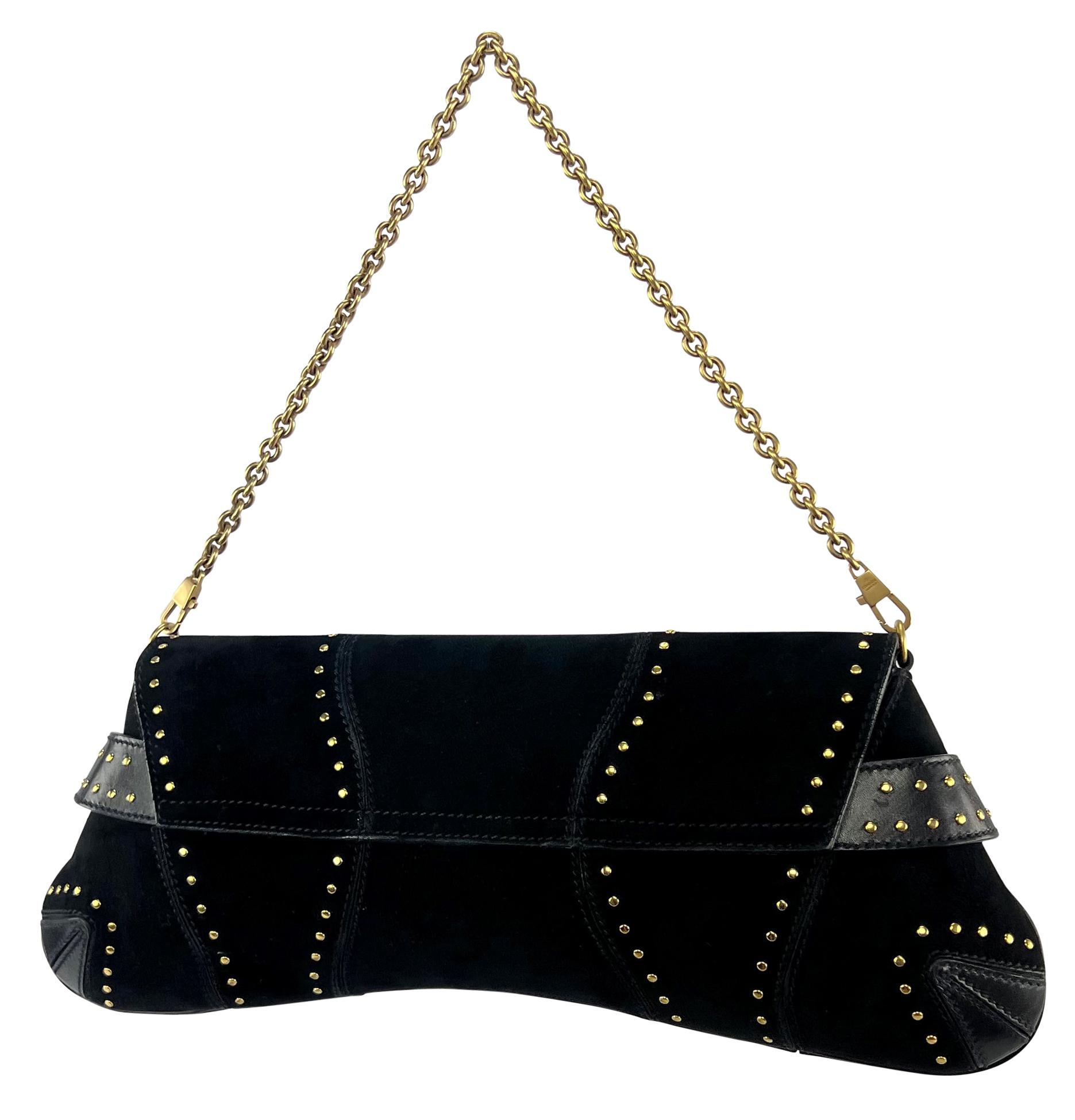 F/W 2003 Gucci by Tom Ford Studded Black Suede Oversized Gold Horsebit Clutch 3