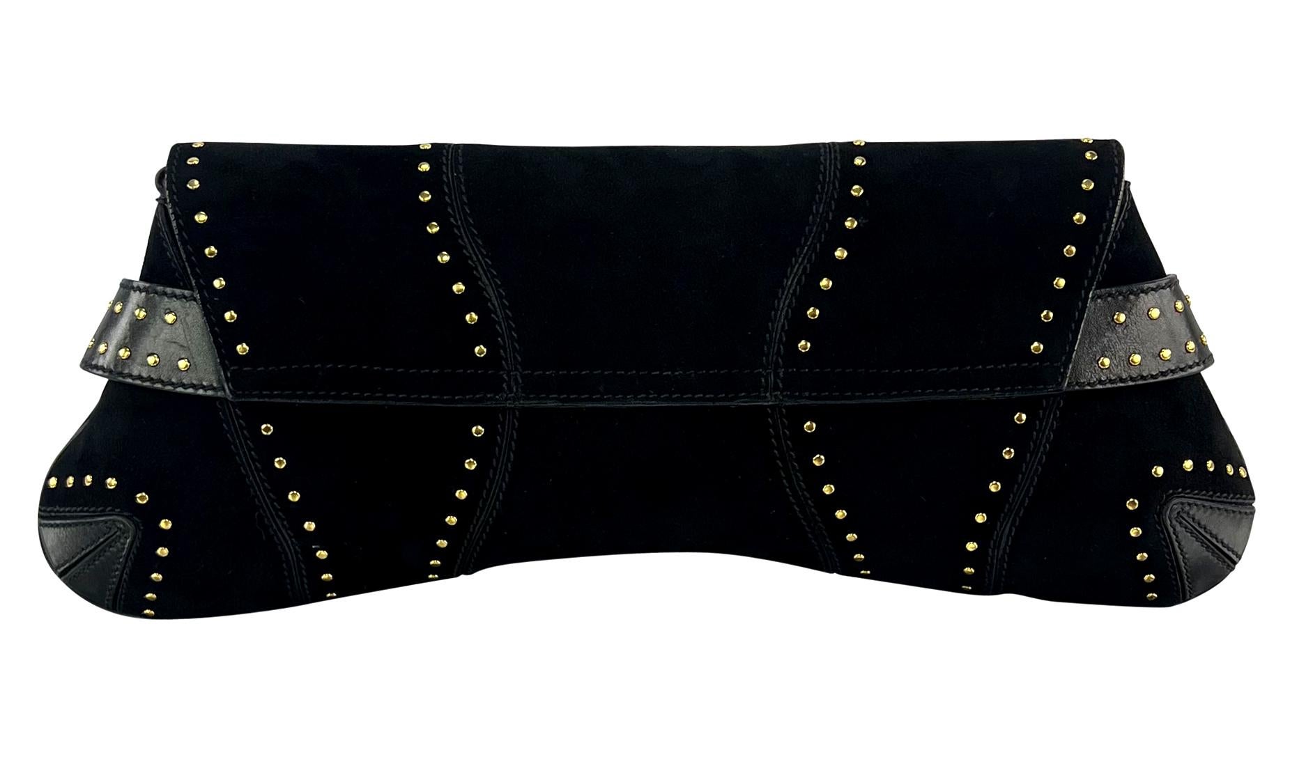 F/W 2003 Gucci by Tom Ford Studded Black Suede Oversized Gold Horsebit Clutch 4