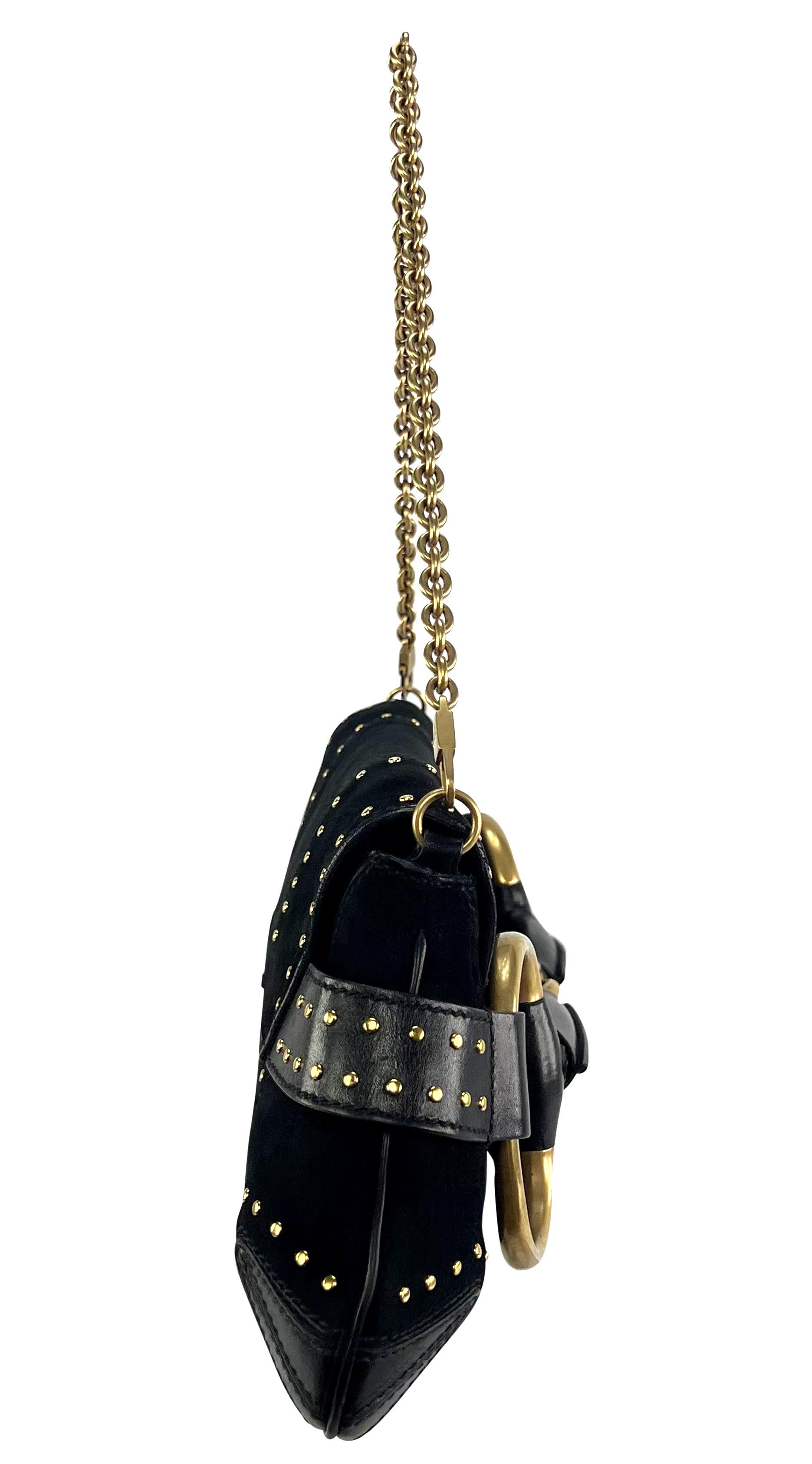 F/W 2003 Gucci by Tom Ford Studded Black Suede Oversized Gold Horsebit Clutch 5