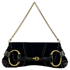 F/W 2003 Gucci by Tom Ford Studded Black Suede Oversized Gold Horsebit Clutch