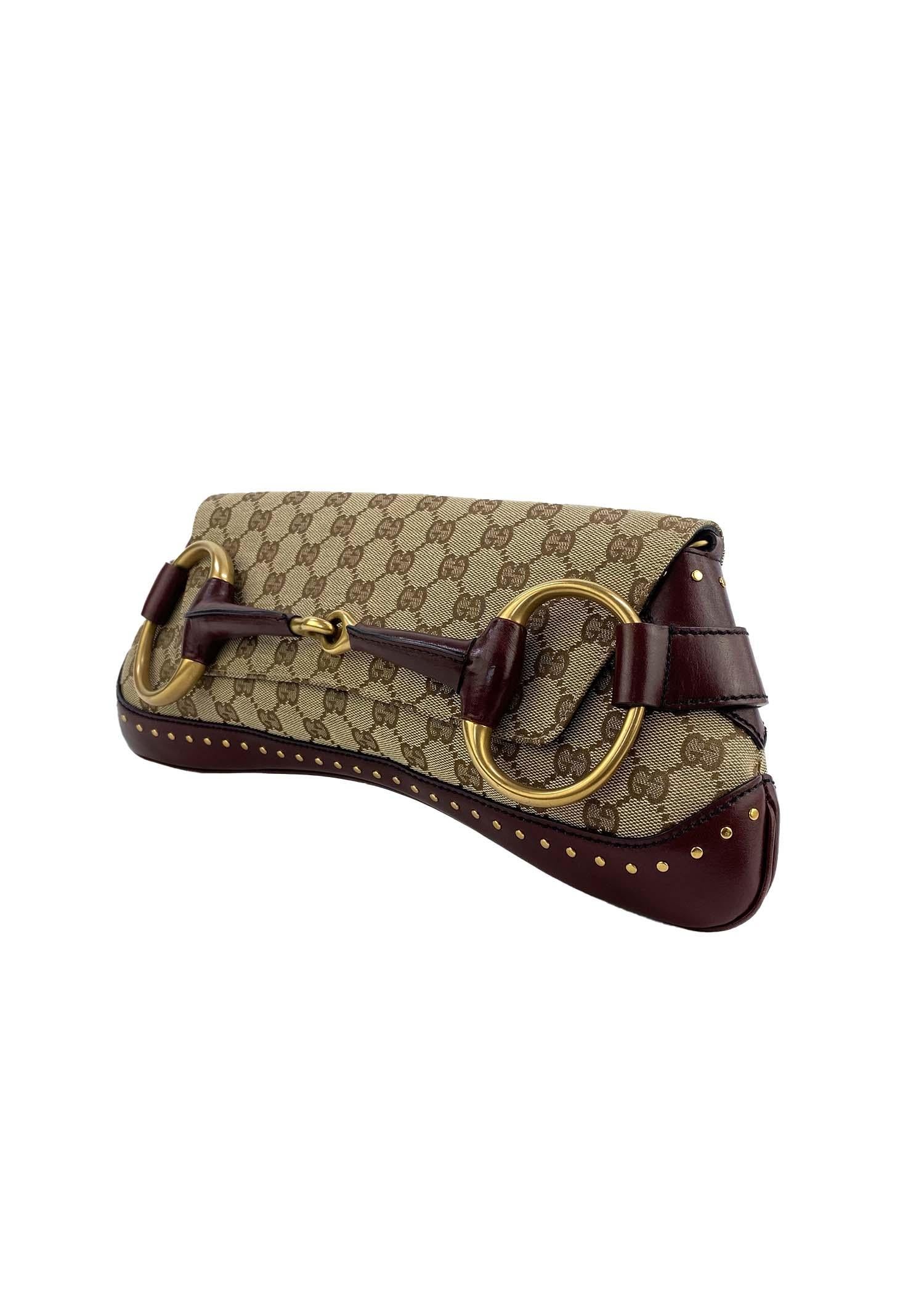 Black F/W 2003 Gucci by Tom Ford Studded GG Burgundy Large Horsebit Convertible Clutch