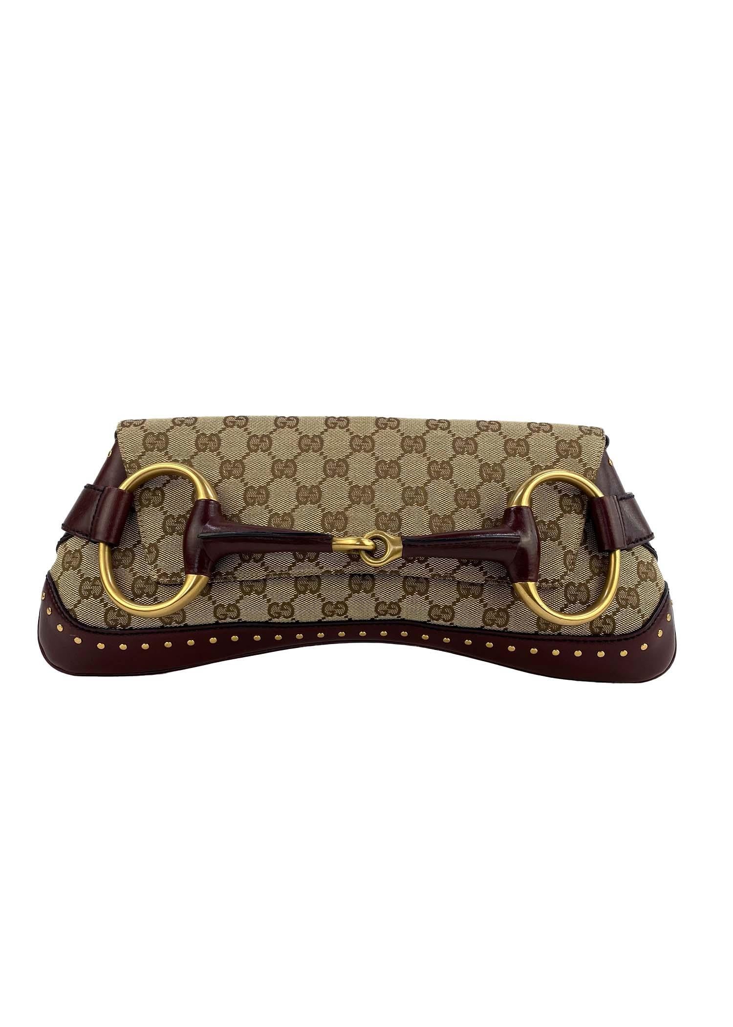 F/W 2003 Gucci by Tom Ford Studded GG Burgundy Large Horsebit Convertible Clutch In Good Condition In West Hollywood, CA