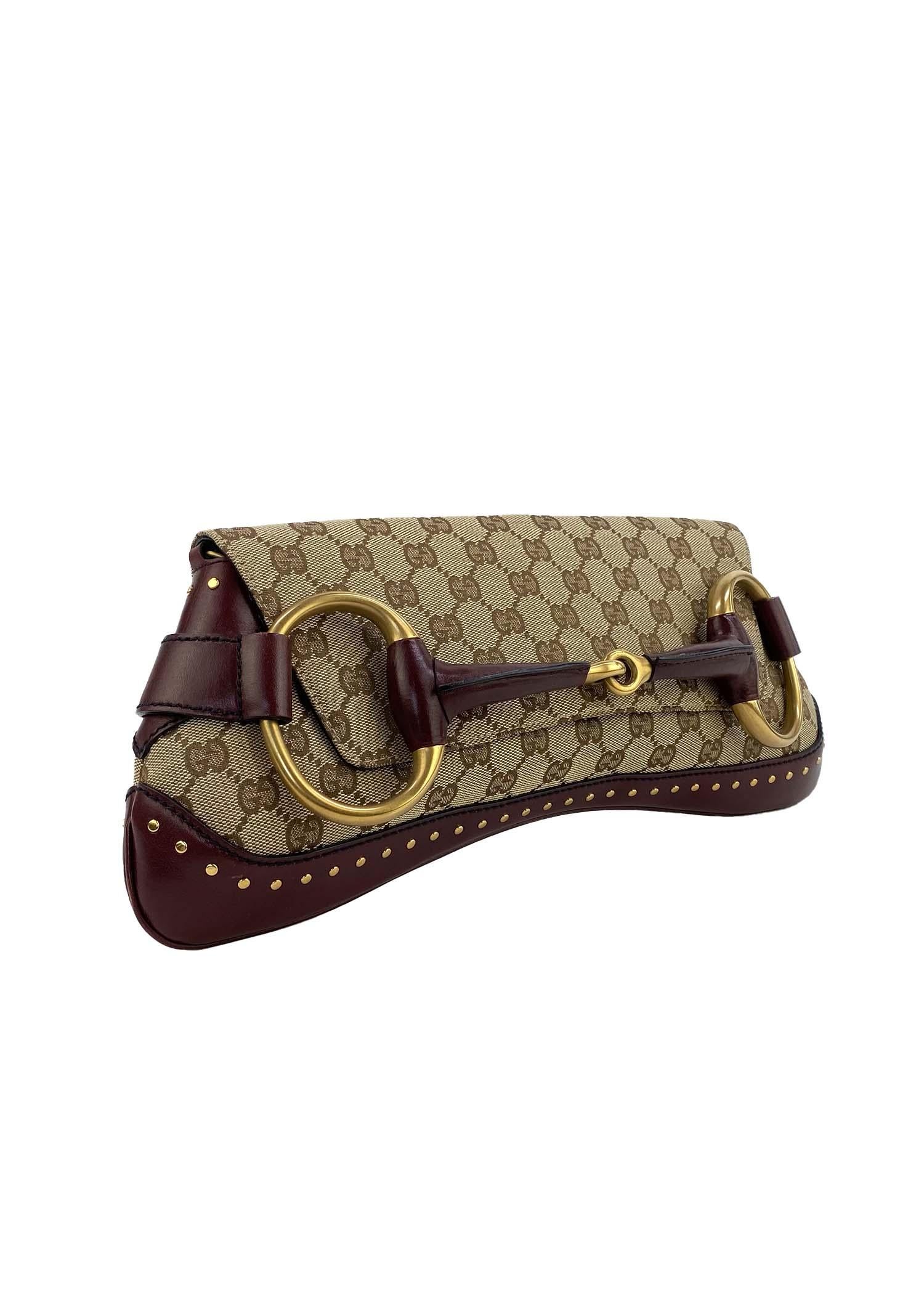 Women's or Men's F/W 2003 Gucci by Tom Ford Studded GG Burgundy Large Horsebit Convertible Clutch