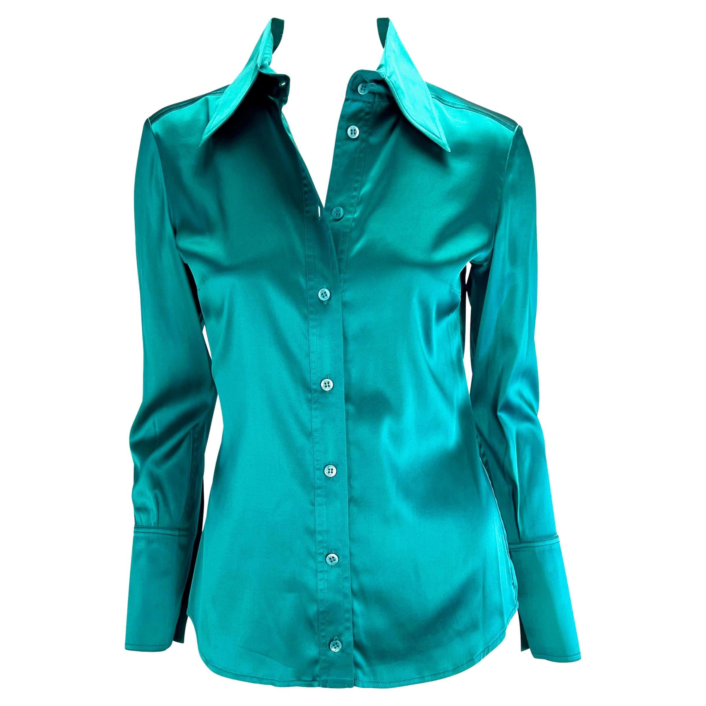 F/W 2003 Gucci by Tom Ford Teal Satin Seidenmischung Button Up Stretch Bluse