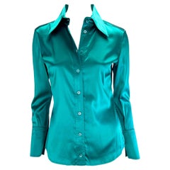 F/W 2003 Gucci by Tom Ford Teal Satin Silk Blend Button Up Stretch Blouse