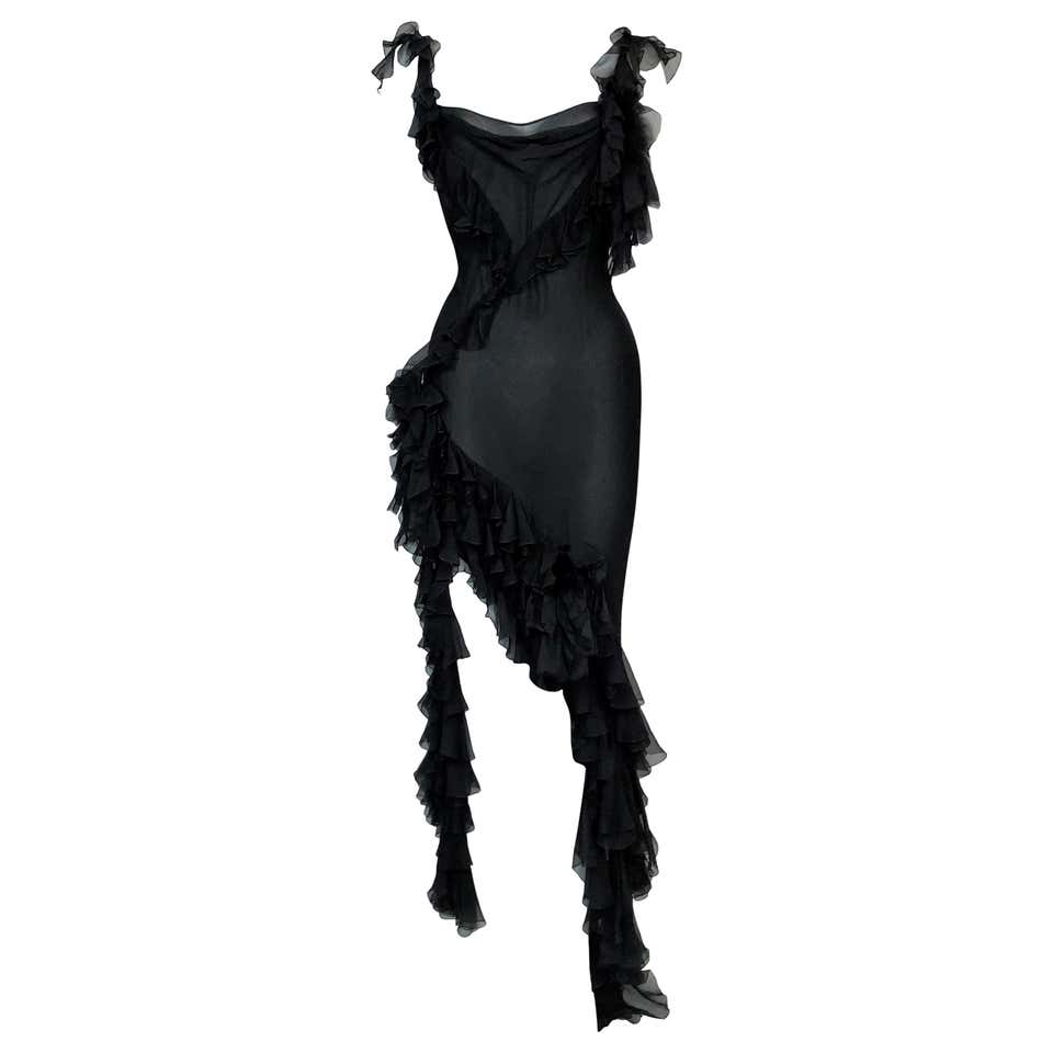F/W 2003 John Galliano Sheer Black Silk High Slit Gown Dress at 1stDibs
