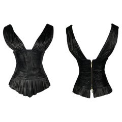 F/W 2003 Roberto Cavalli Black Leather Plunging Waist Cinching Top