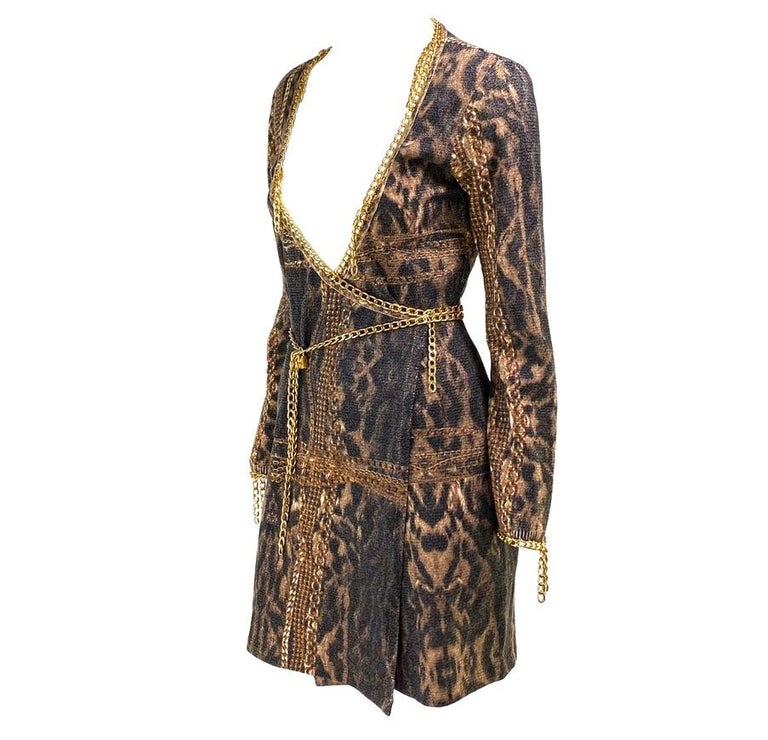 F/W 2003 Roberto Cavalli Gold Chain Lock Belt Animal Print Knit Wrap Dress For Sale at 1stDibs F/W 2003 Roberto Cavalli Gold Chain Lock Belt Animal Print Knit Wrap Dress For Sale at 1stDibs