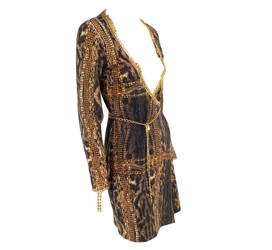 F/W 2003 Roberto Cavalli Gold Chain Lock Belt Animal Print Knit Wrap Dress In Excellent Condition For Sale In West Hollywood, CA