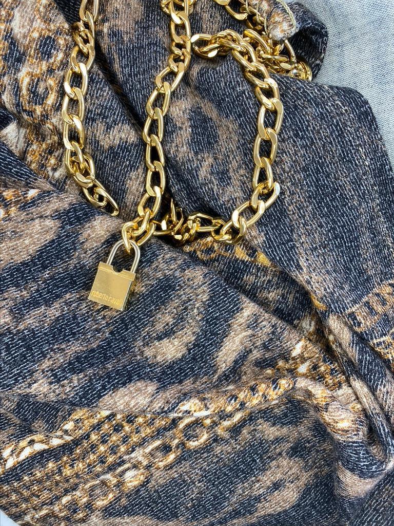 Women's F/W 2003 Roberto Cavalli Gold Chain Lock Belt Animal Print Knit Wrap Dress For Sale