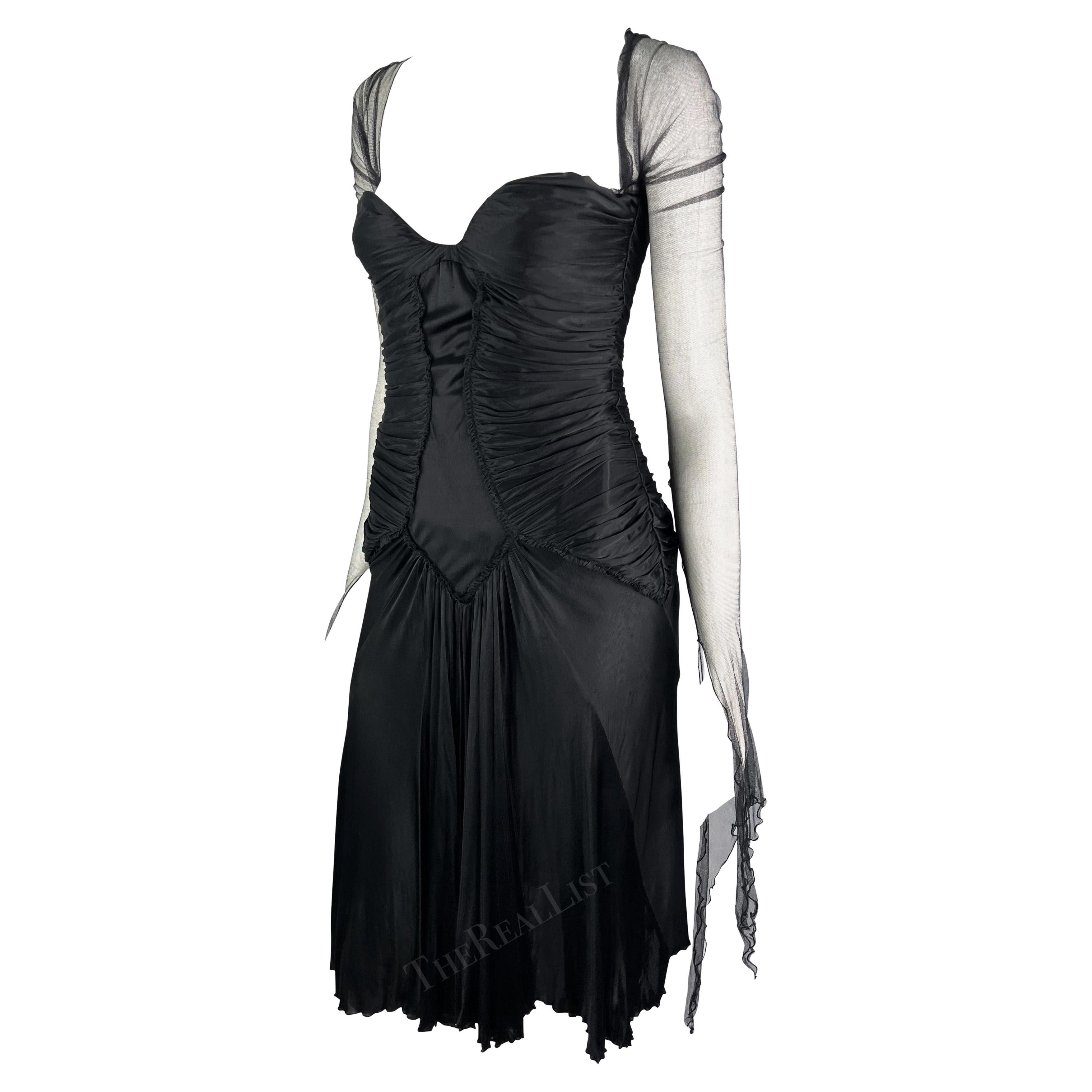 Women's F/W 2003 Roberto Cavalli Runway Ad Black Ruched Flare Mesh Sleeve Dress For Sale