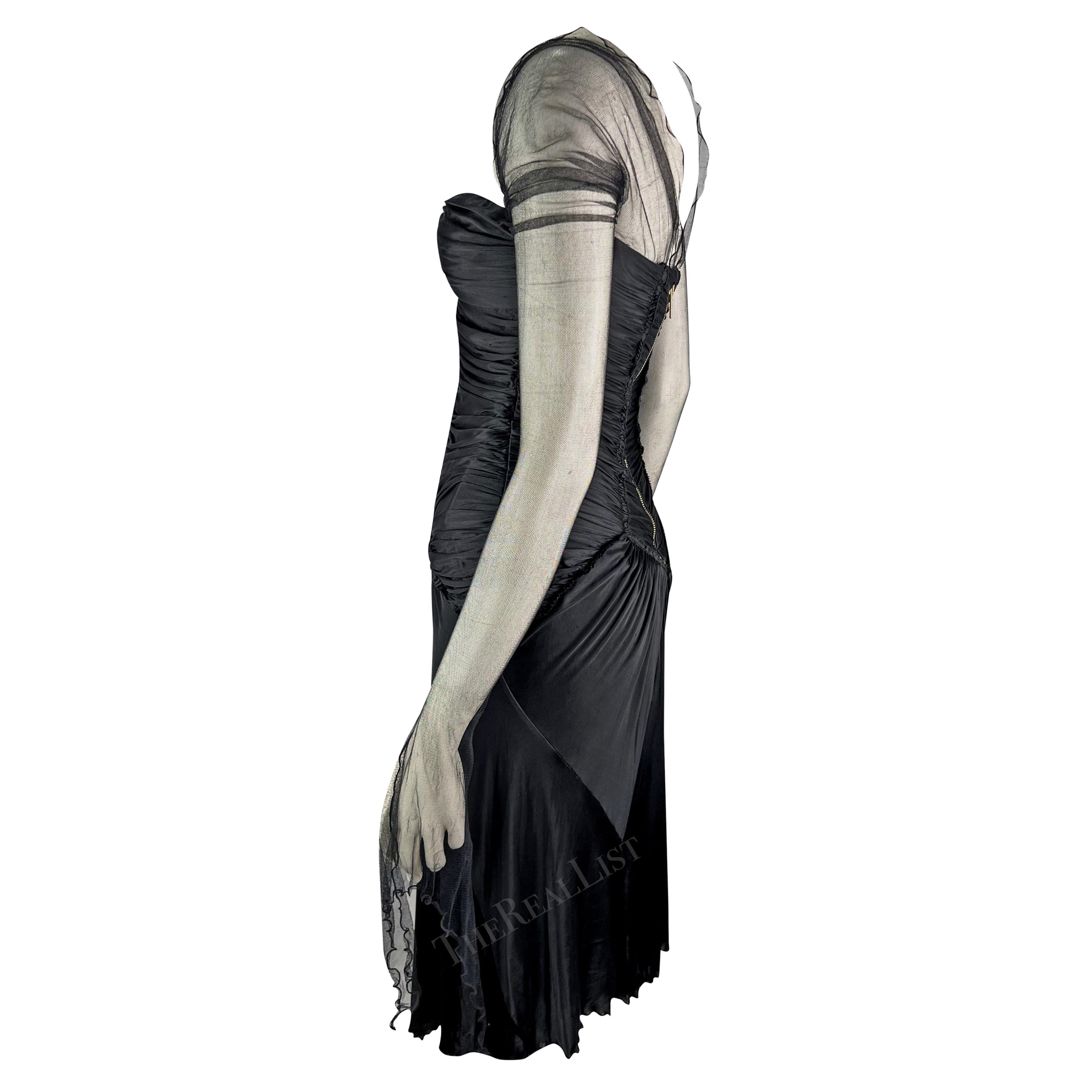 F/W 2003 Roberto Cavalli Runway Ad Black Ruched Flare Mesh Sleeve Dress For Sale 1