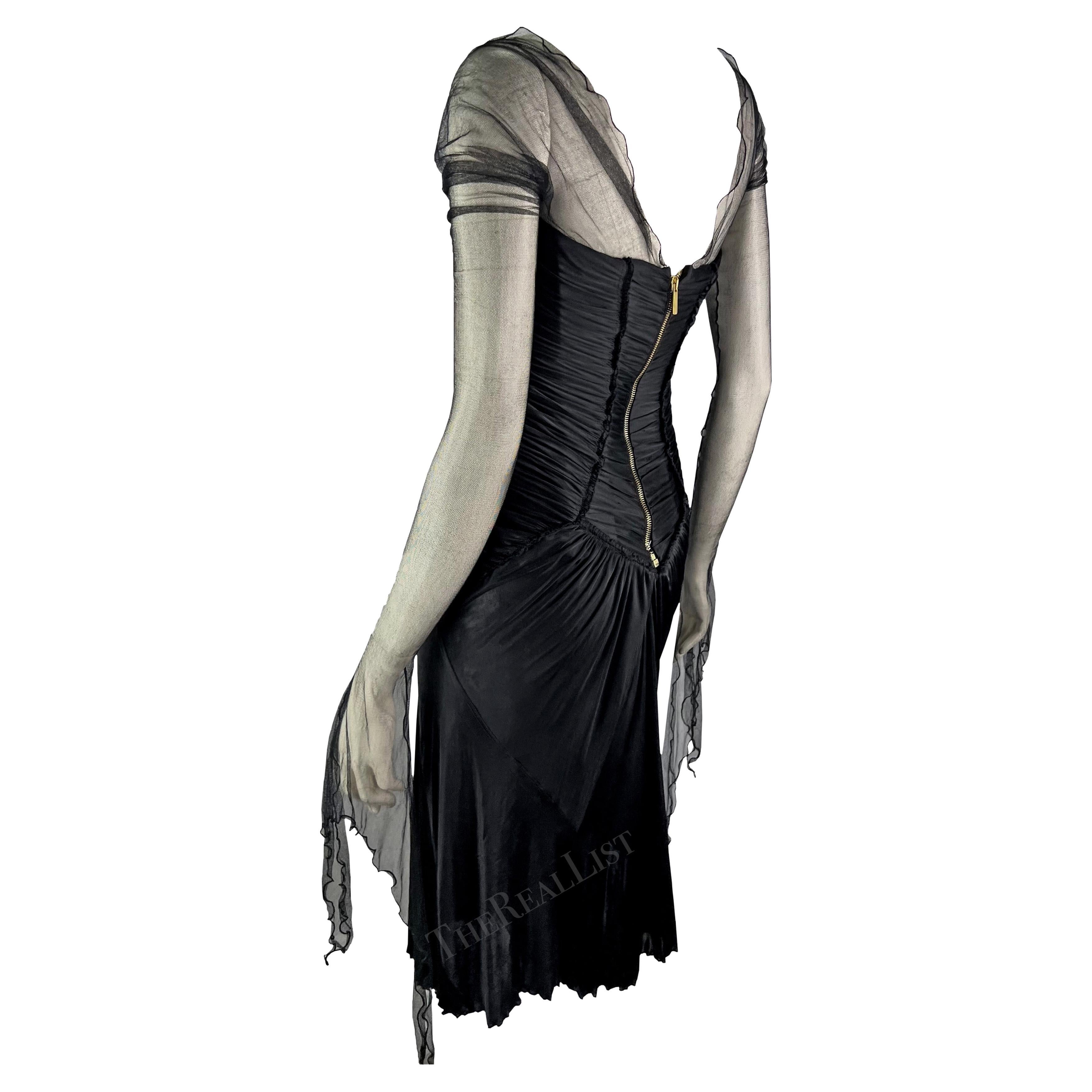 F/W 2003 Roberto Cavalli Runway Ad Black Ruched Flare Mesh Sleeve Dress For Sale 2