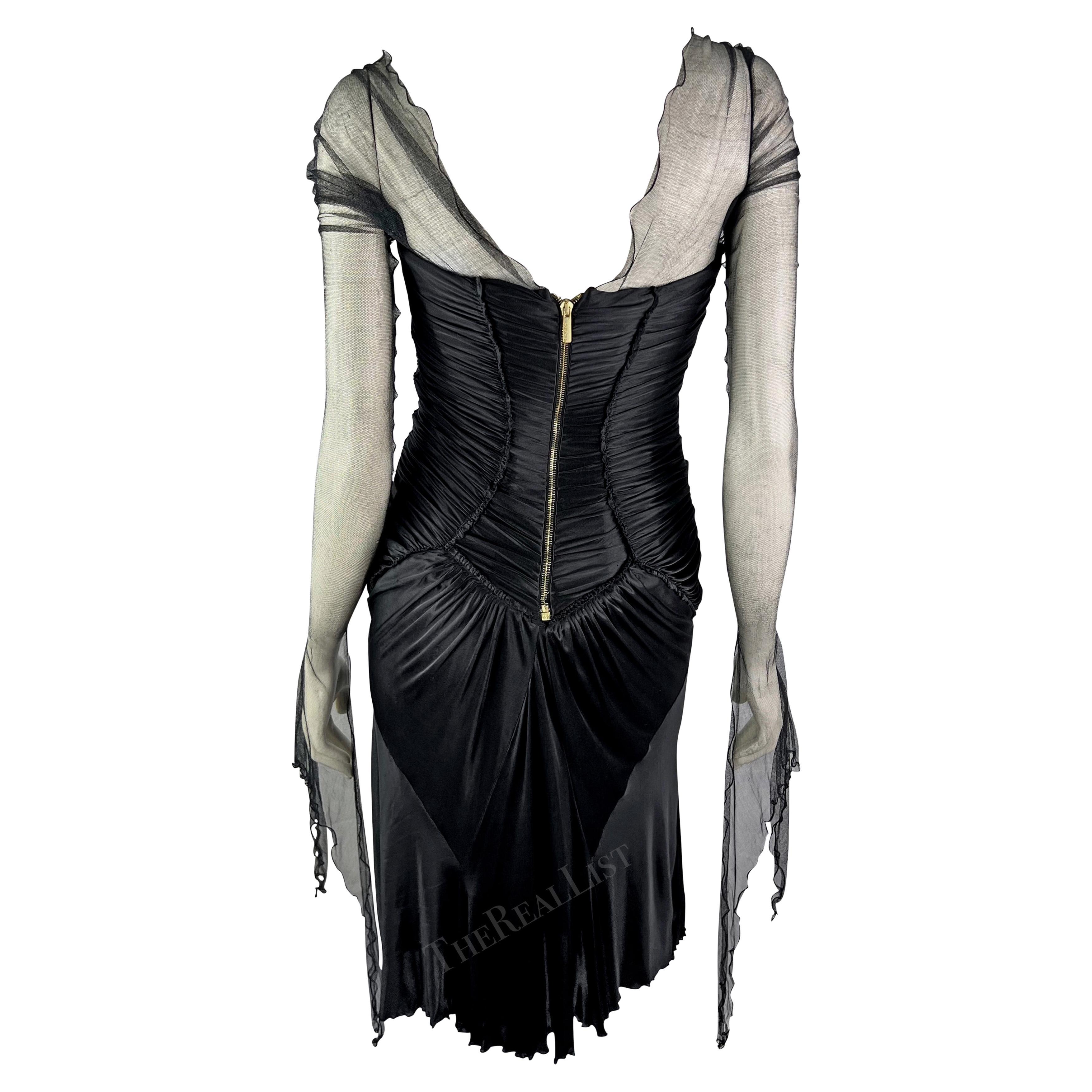 F/W 2003 Roberto Cavalli Runway Ad Black Ruched Flare Mesh Sleeve Dress For Sale 3