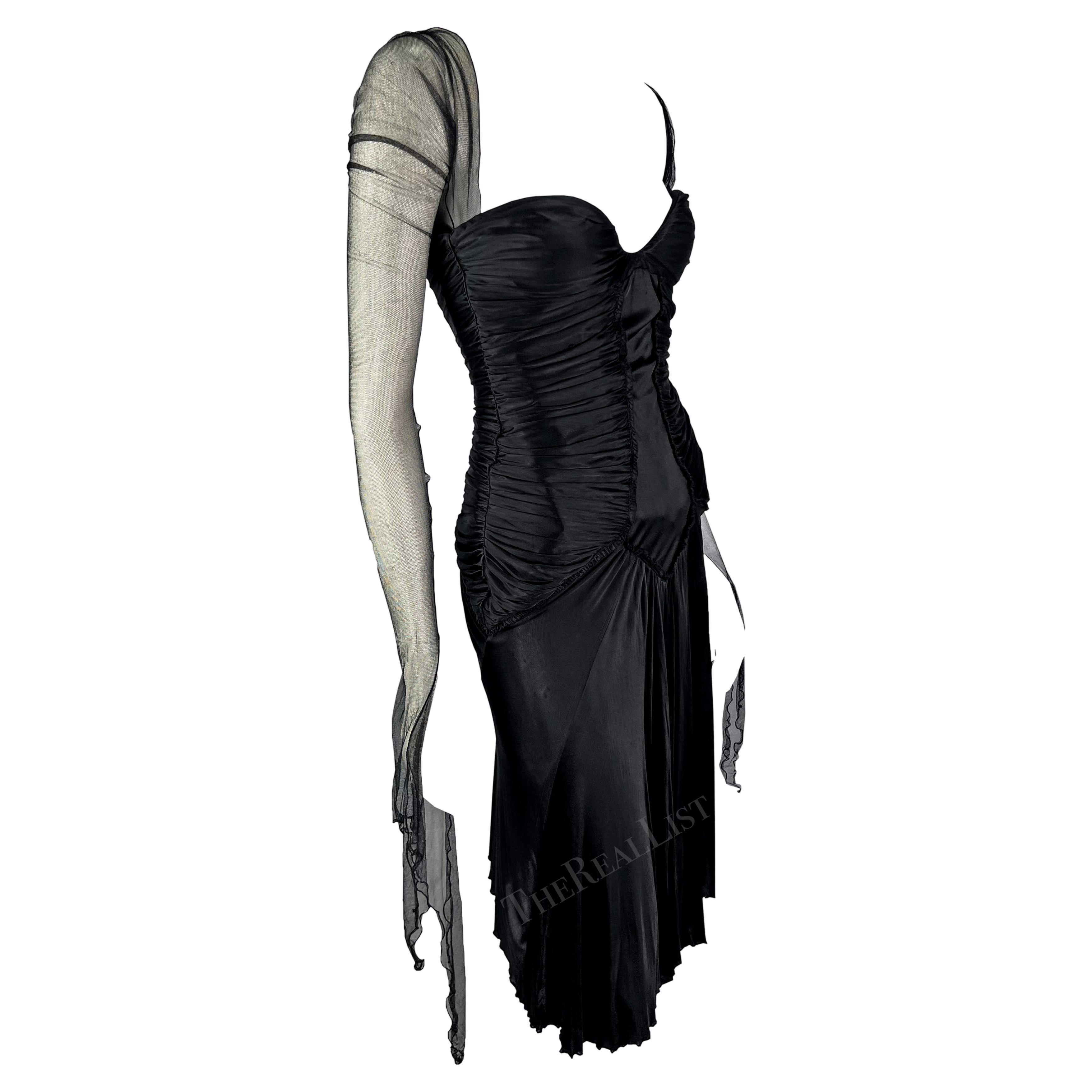 F/W 2003 Roberto Cavalli Runway Ad Black Ruched Flare Mesh Sleeve Dress For Sale 4