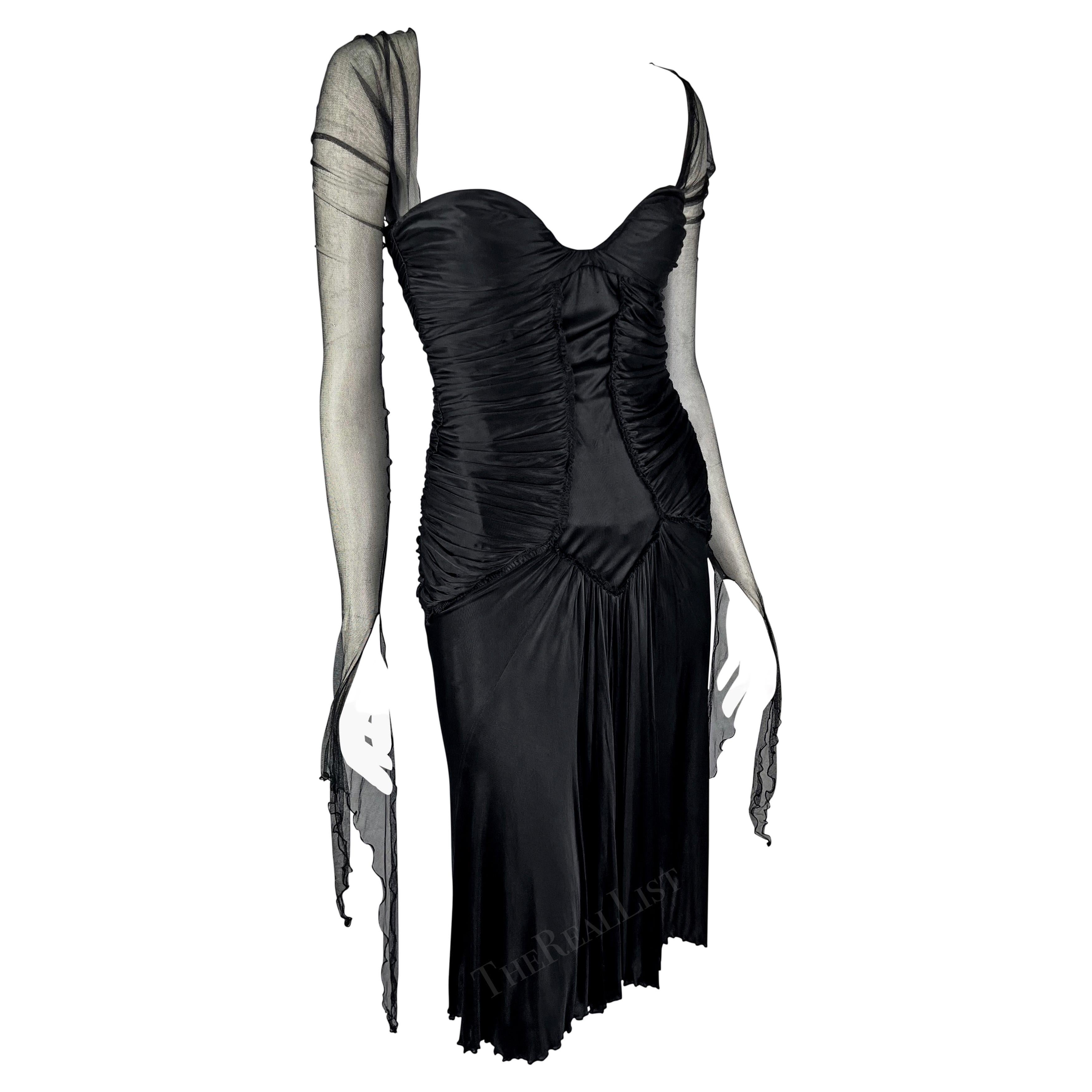 F/W 2003 Roberto Cavalli Runway Ad Black Ruched Flare Mesh Sleeve Dress For Sale 5