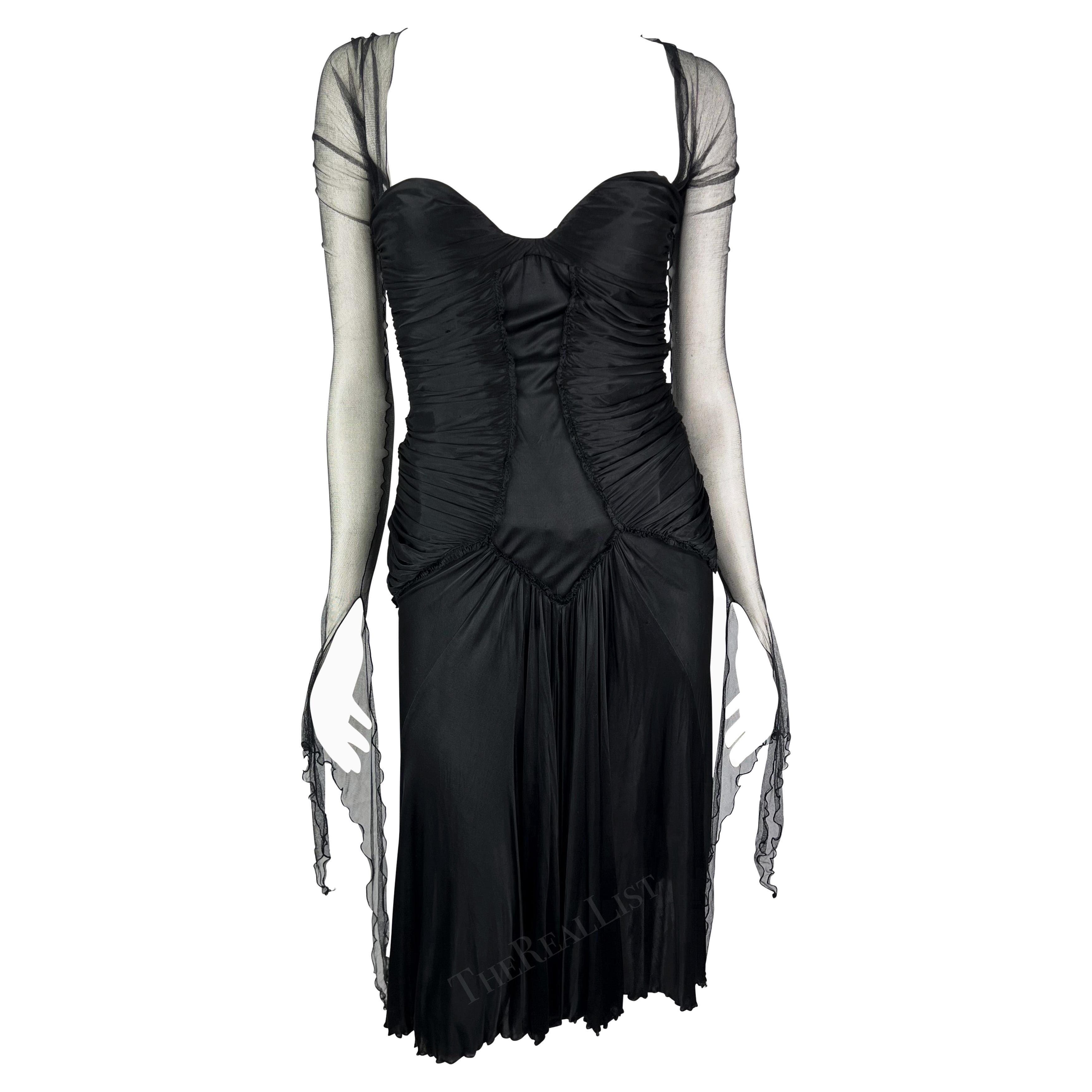 F/W 2003 Roberto Cavalli Runway Ad Black Ruched Flare Mesh Sleeve Dress For Sale