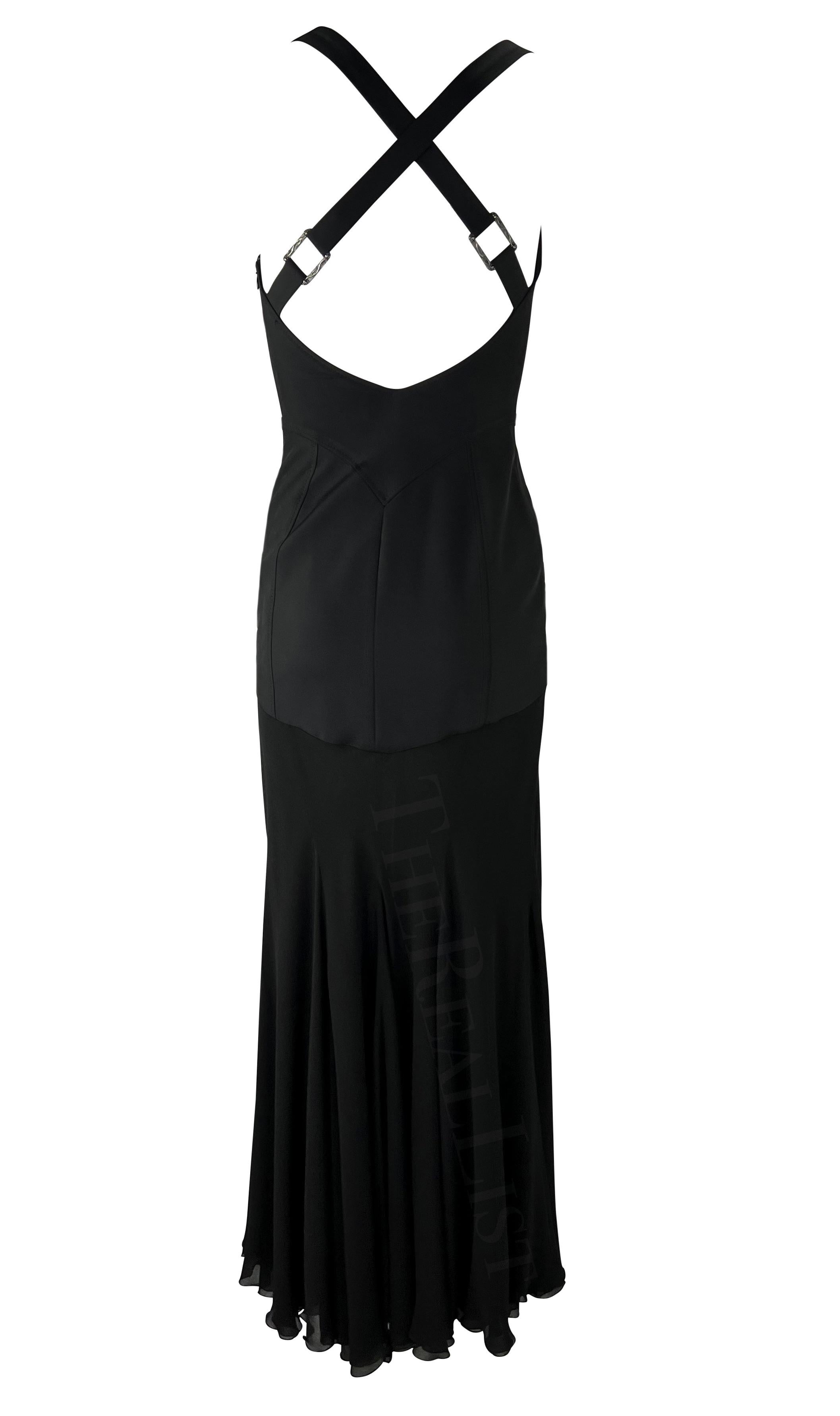 F/W 2003 Versace by Donatella Black Buckle Flare Slit Maxi Dress In Excellent Condition For Sale In West Hollywood, CA