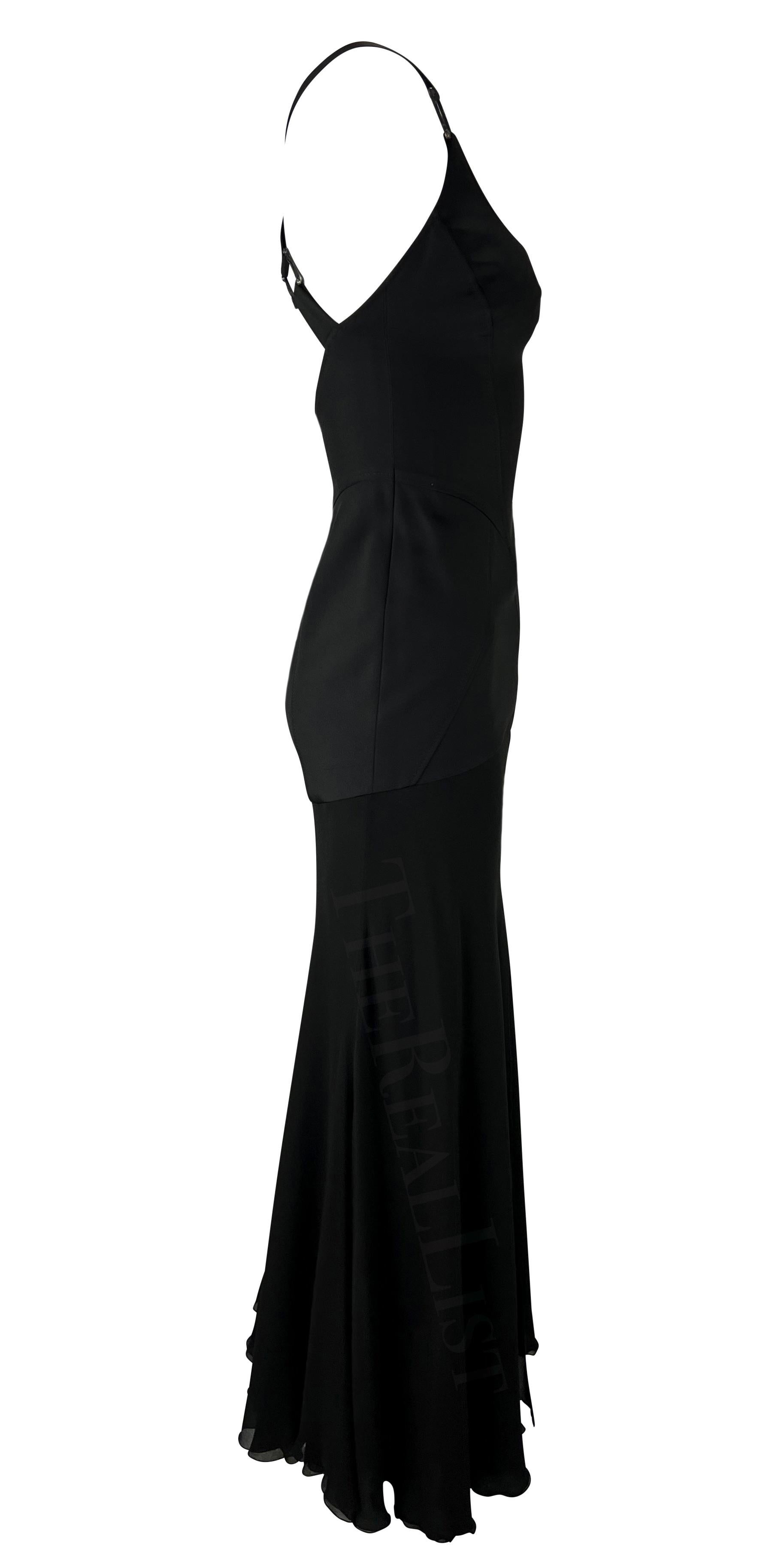 Women's F/W 2003 Versace by Donatella Black Buckle Flare Slit Maxi Dress For Sale