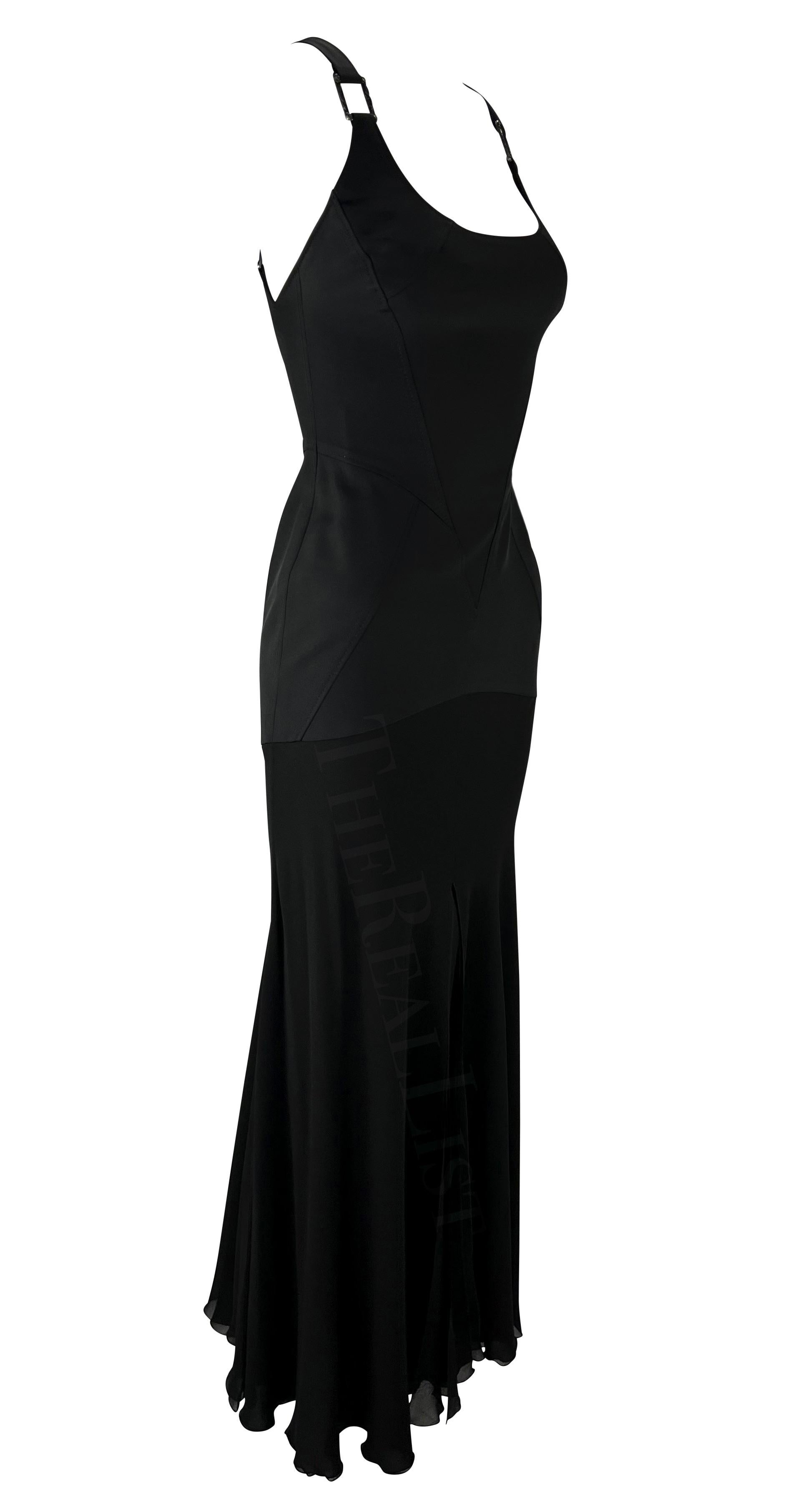 F/W 2003 Versace by Donatella Black Buckle Flare Slit Maxi Dress For Sale 1