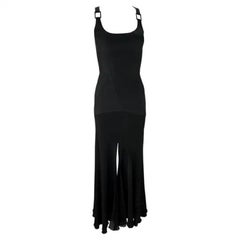 F/W 2003 Versace by Donatella Black Buckle Flare Slit Maxi Dress