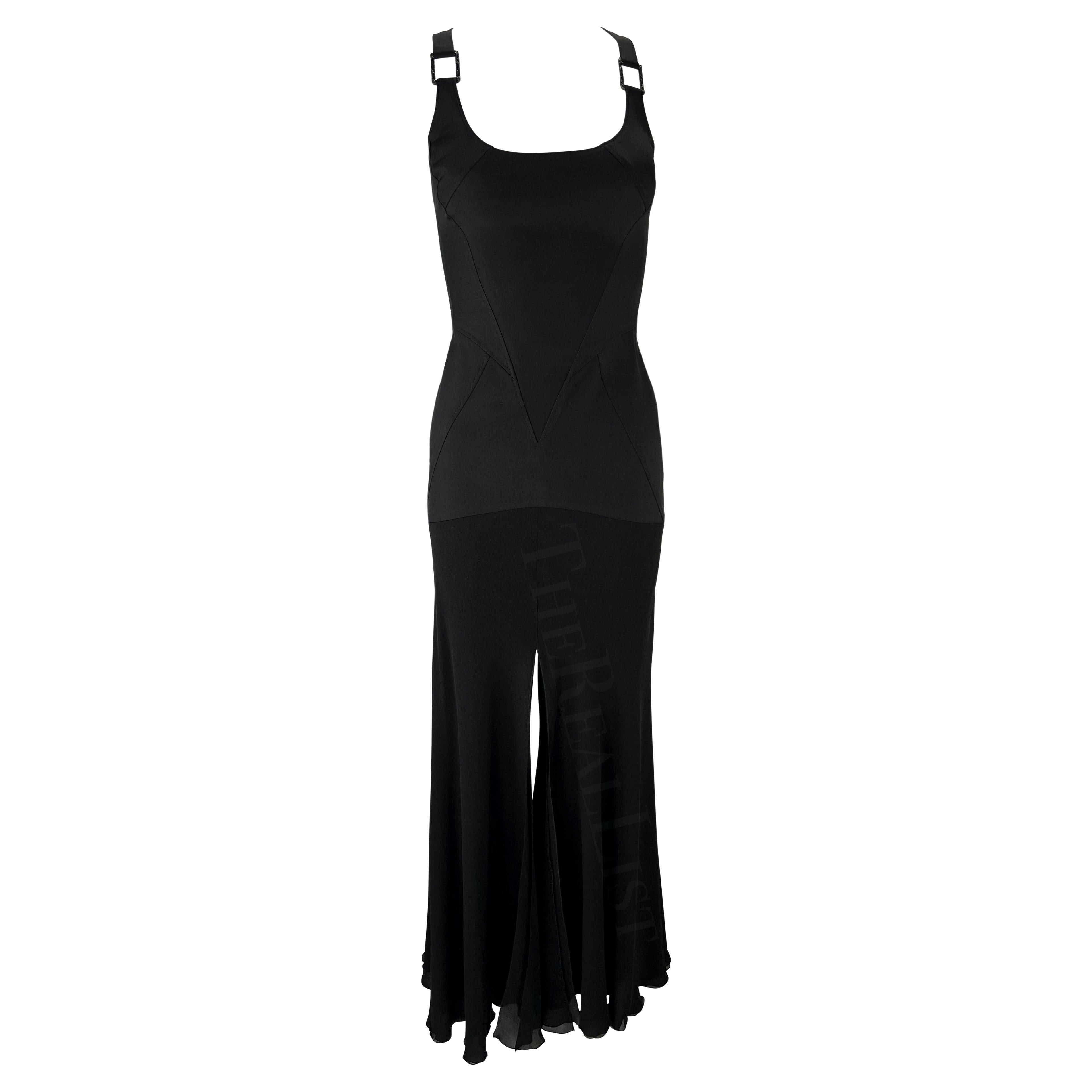 F/W 2003 Versace by Donatella Black Buckle Flare Slit Maxi Dress For Sale