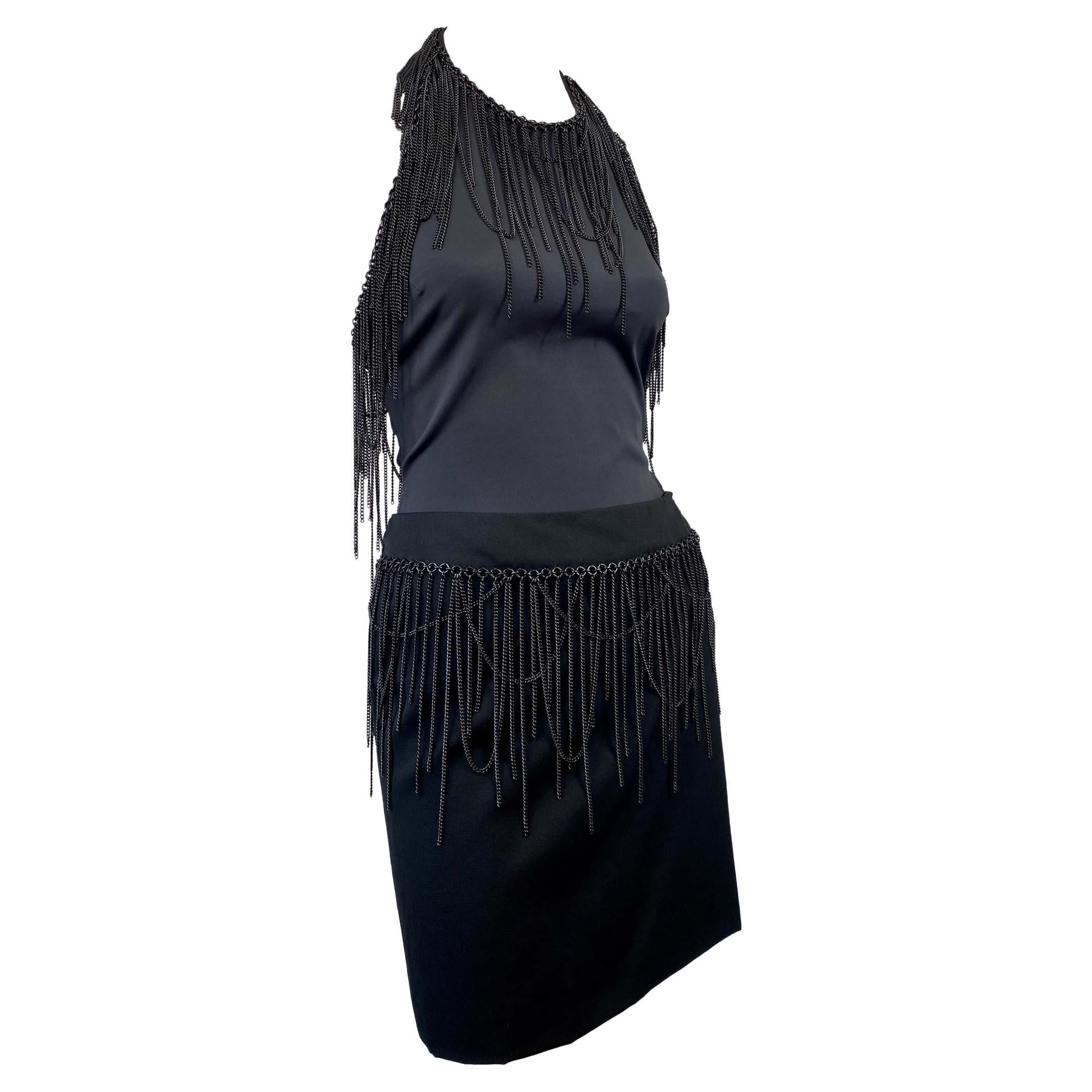 F/W 2003 Versace by Donatella Black Halter Top Fringe Chain Skirt Set For Sale