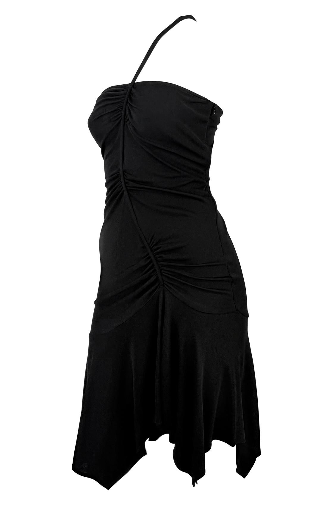 Women's F/W 2003 Versace by Donatella Black Ruched Asymmetric Flare Bodycon Dress For Sale
