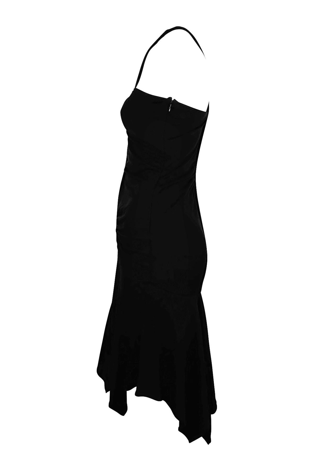 F/W 2003 Versace by Donatella Black Ruched Asymmetric Flare Bodycon Dress For Sale 1