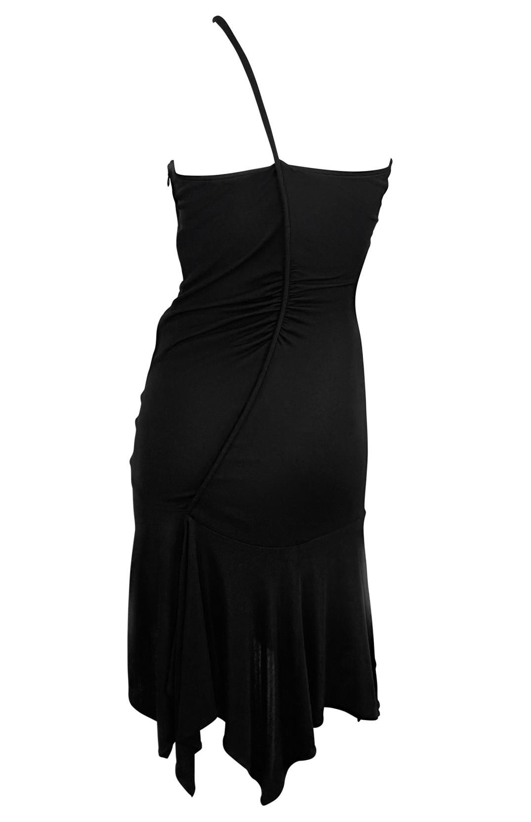 F/W 2003 Versace by Donatella Black Ruched Asymmetric Flare Bodycon Dress For Sale 2