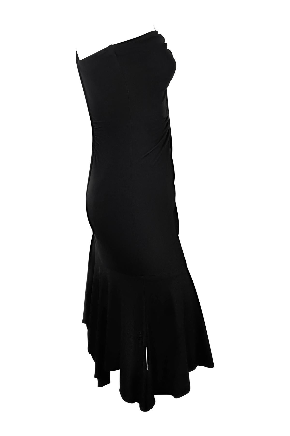 F/W 2003 Versace by Donatella Black Ruched Asymmetric Flare Bodycon Dress For Sale 3