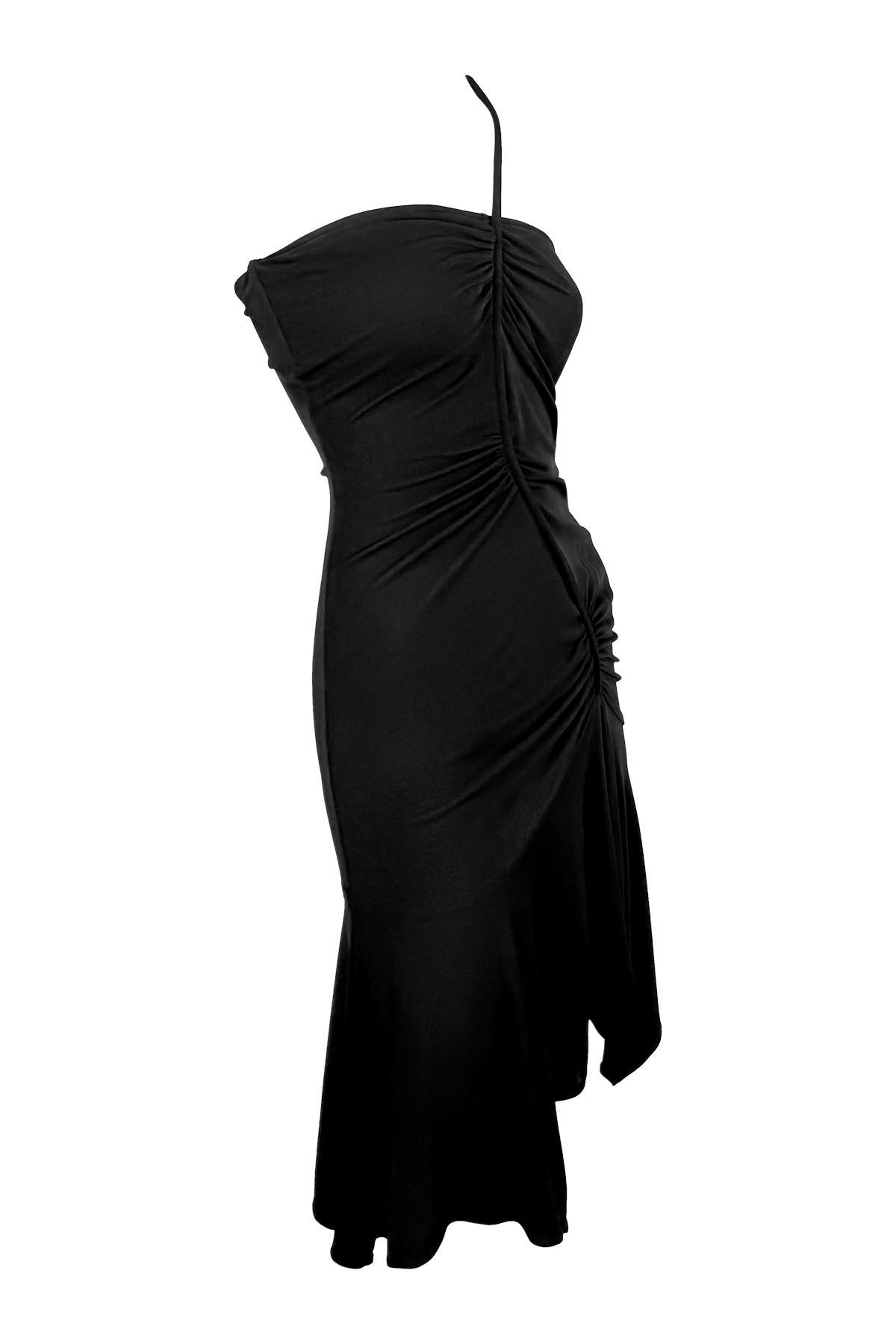 F/W 2003 Versace by Donatella Black Ruched Asymmetric Flare Bodycon Dress For Sale 4