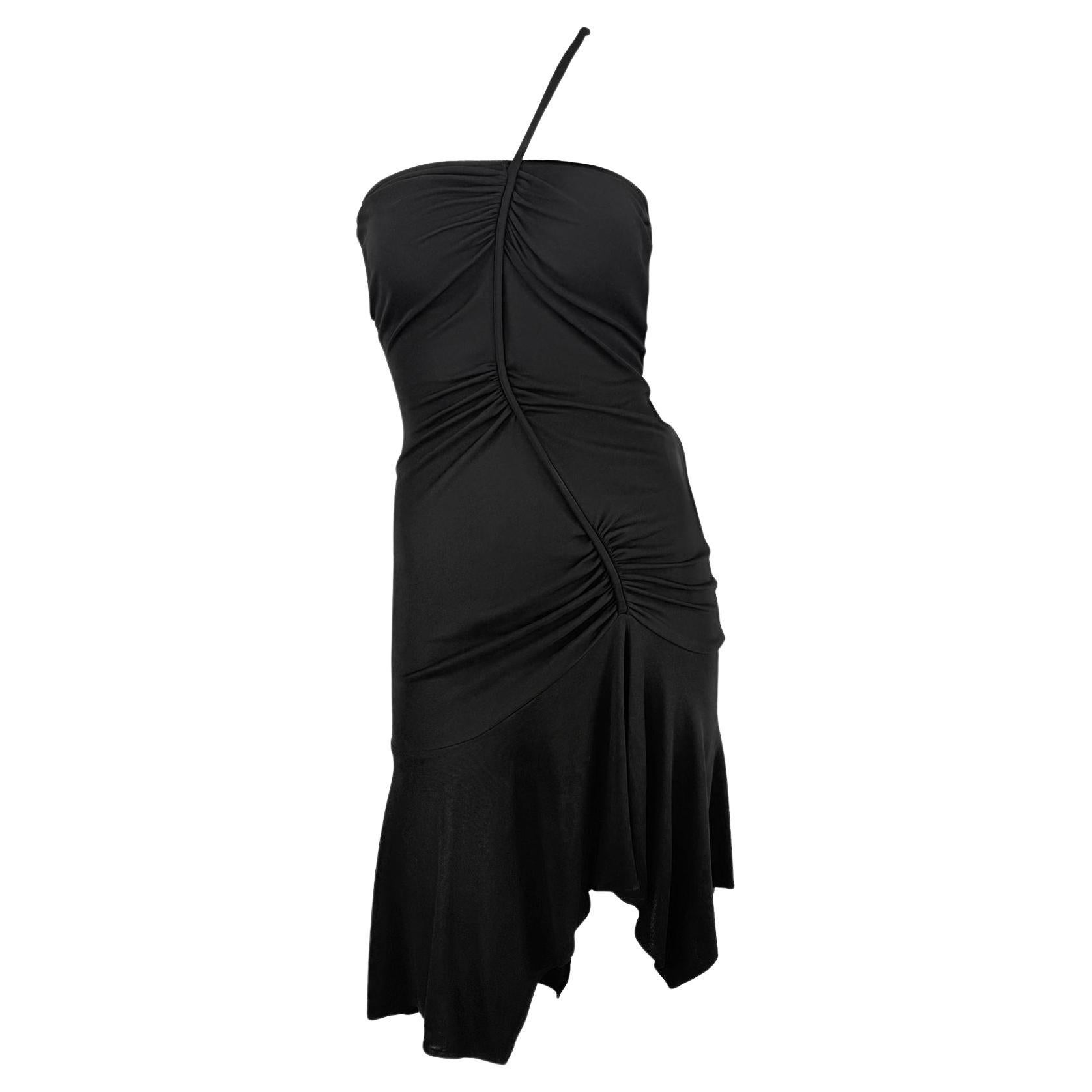 F/W 2003 Versace by Donatella Black Ruched Asymmetric Flare Bodycon Dress For Sale