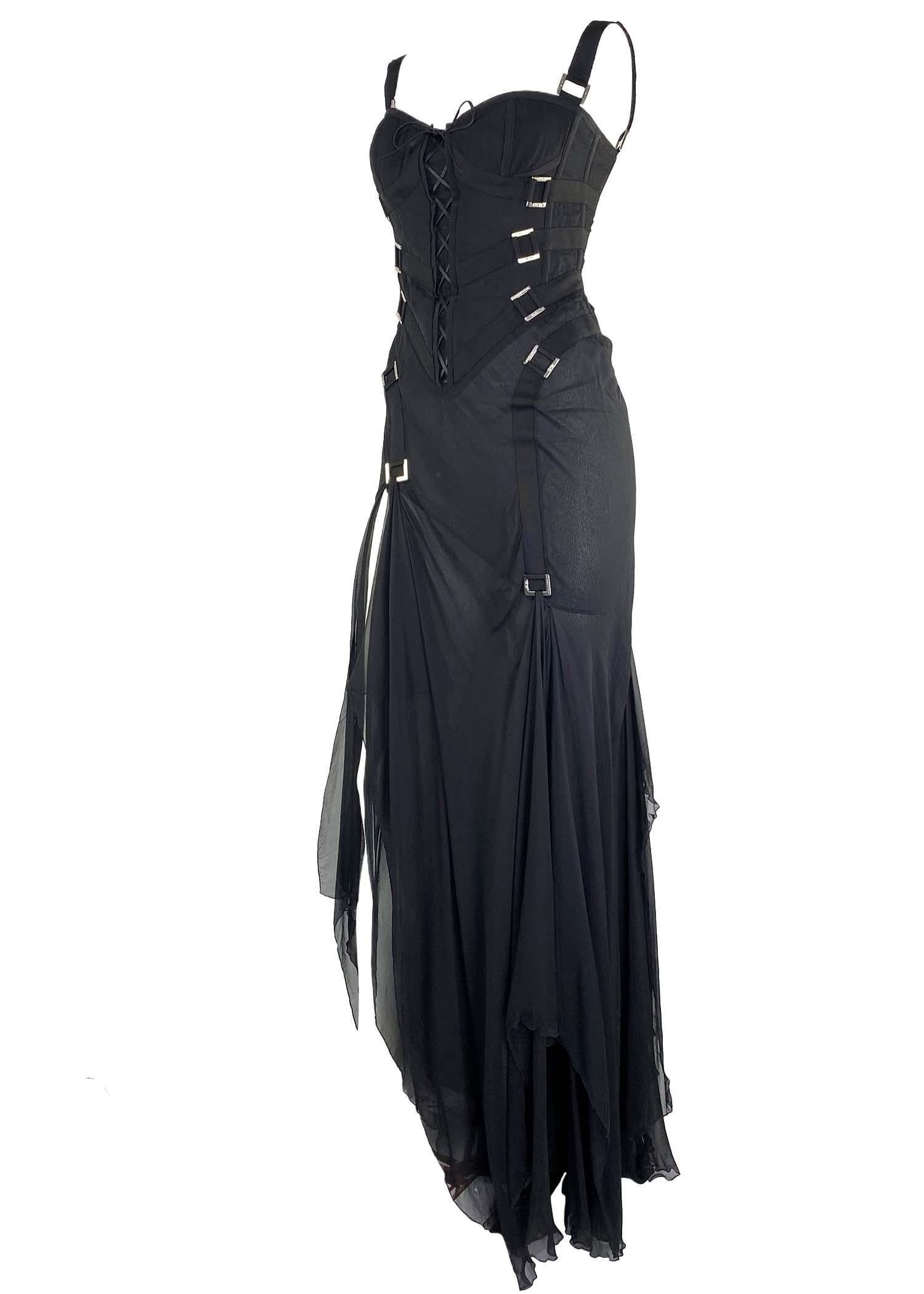 F/W 2003 Versace by Donatella Black Strap Corset Chiffon Gown In Good Condition In West Hollywood, CA