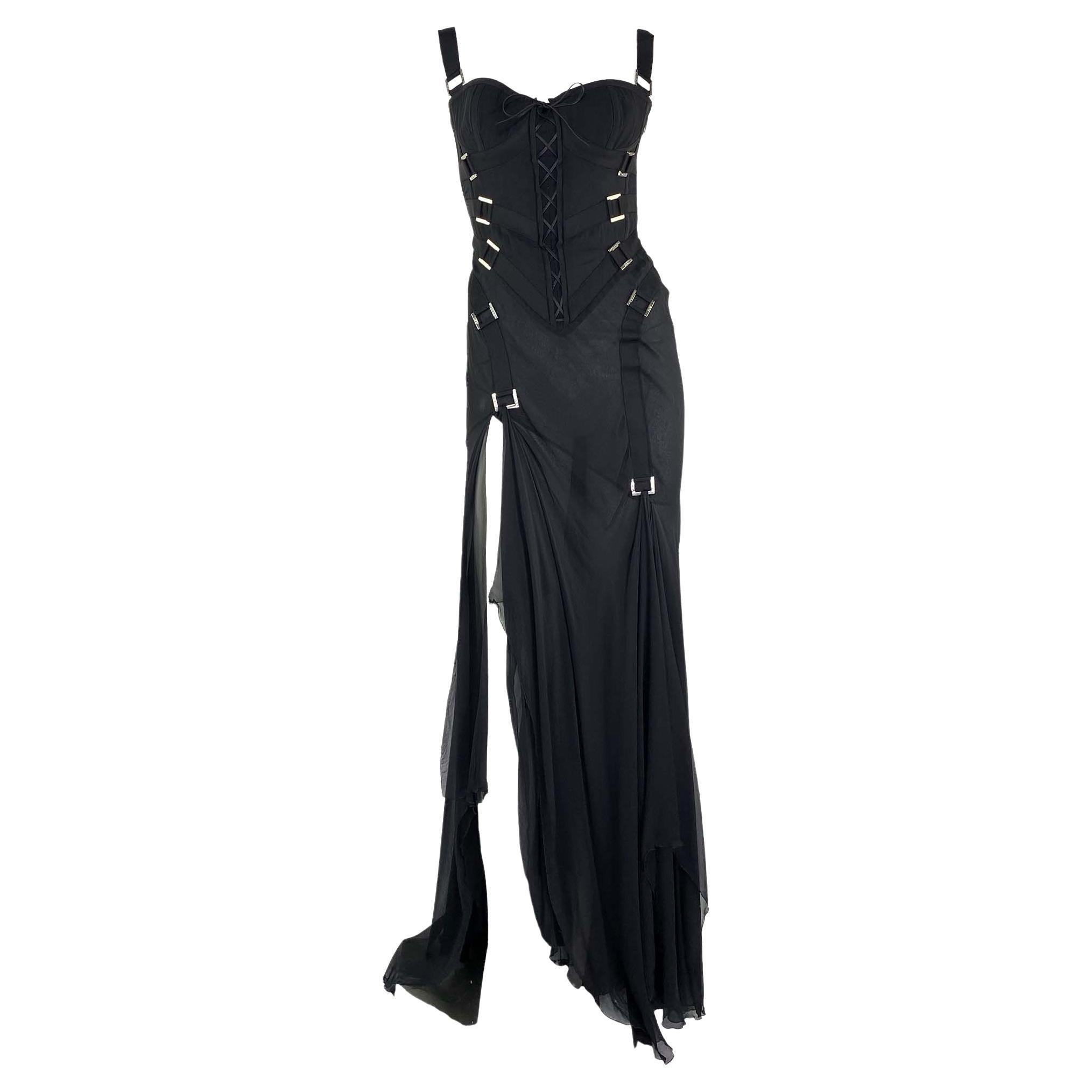 F/W 2003 Versace by Donatella Black Strap Corset Chiffon Gown