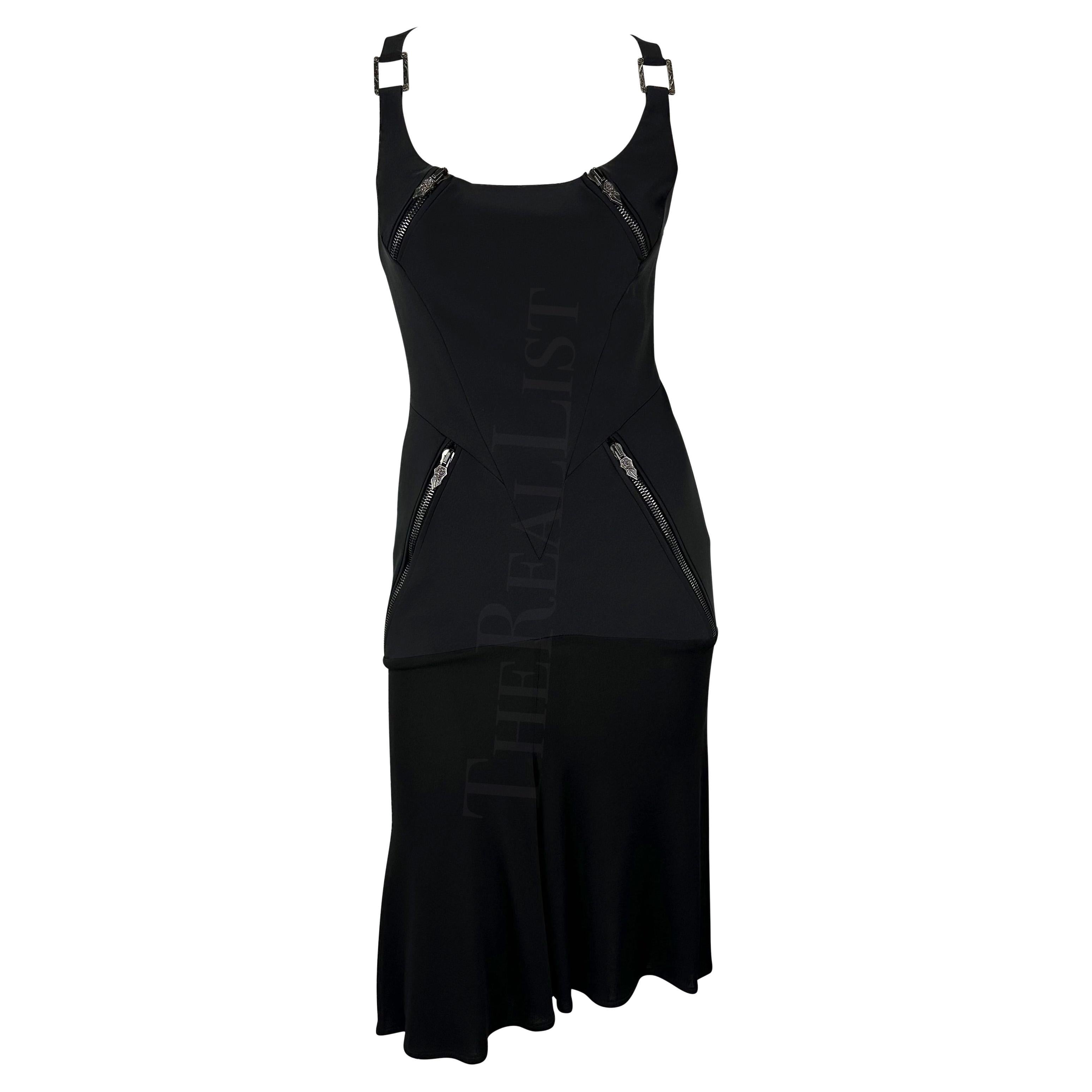 F/W 2003 Versace by Donatella Runway Black Zipper Strap Flare Runway Dress  For Sale at 1stDibs