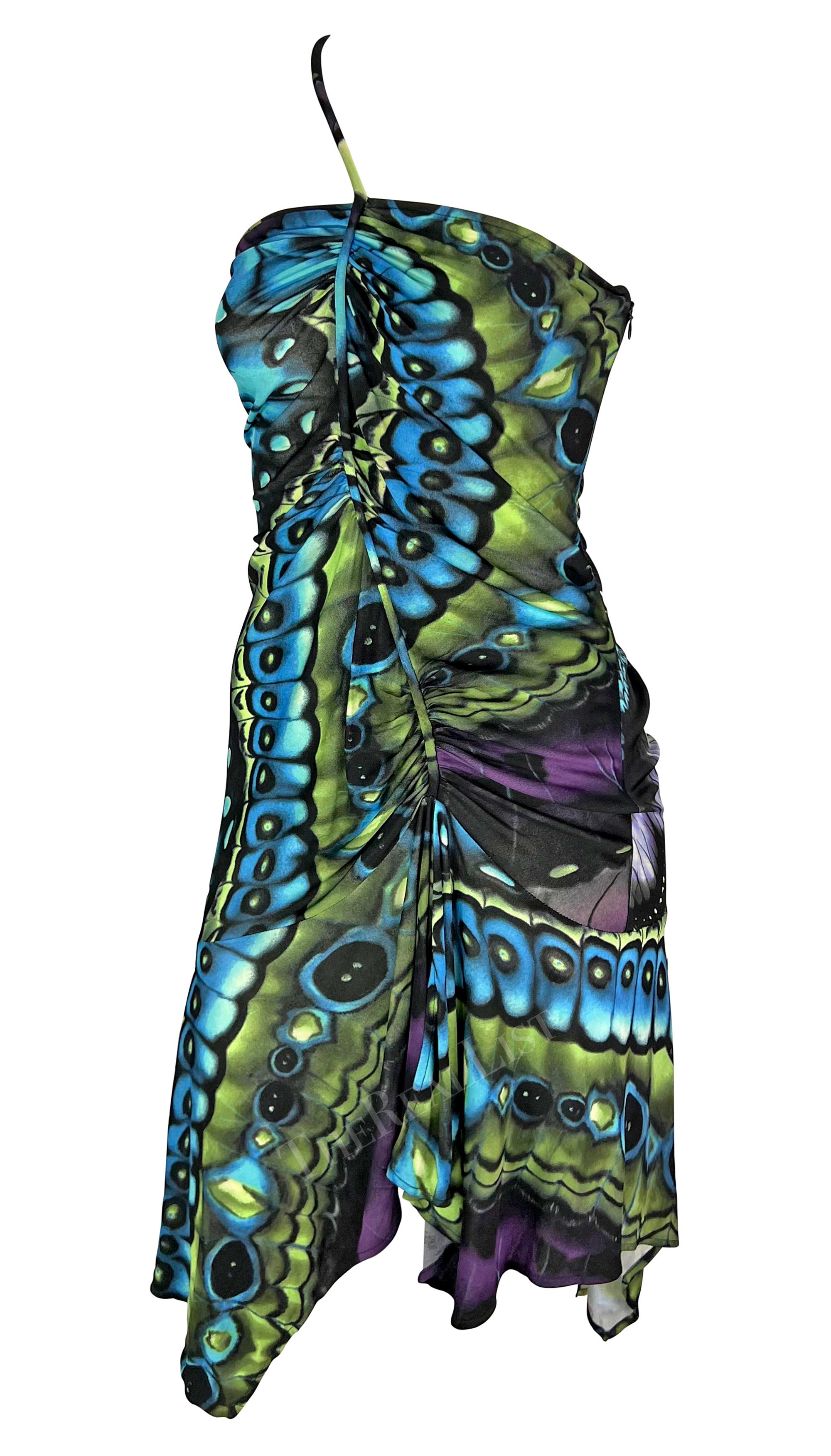 F/W 2003 Versace by Donatella Butterfly Print Ruched Bodycon Flare Dress In Good Condition For Sale In West Hollywood, CA