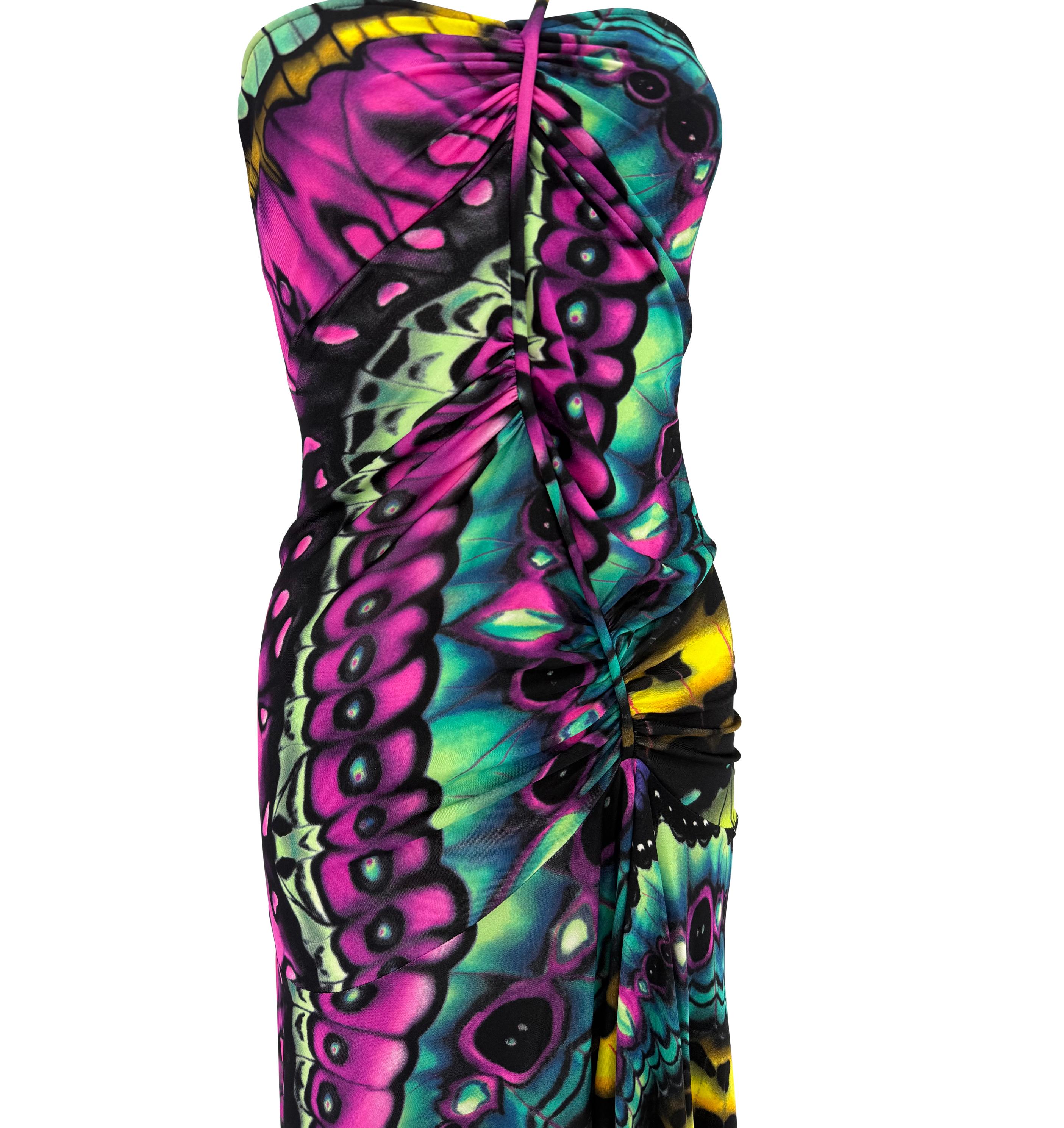 Nero A/I 2003 Versace by Donatella Versace, vestito con stampa a farfalla e increspato, con taglio a flare. in vendita