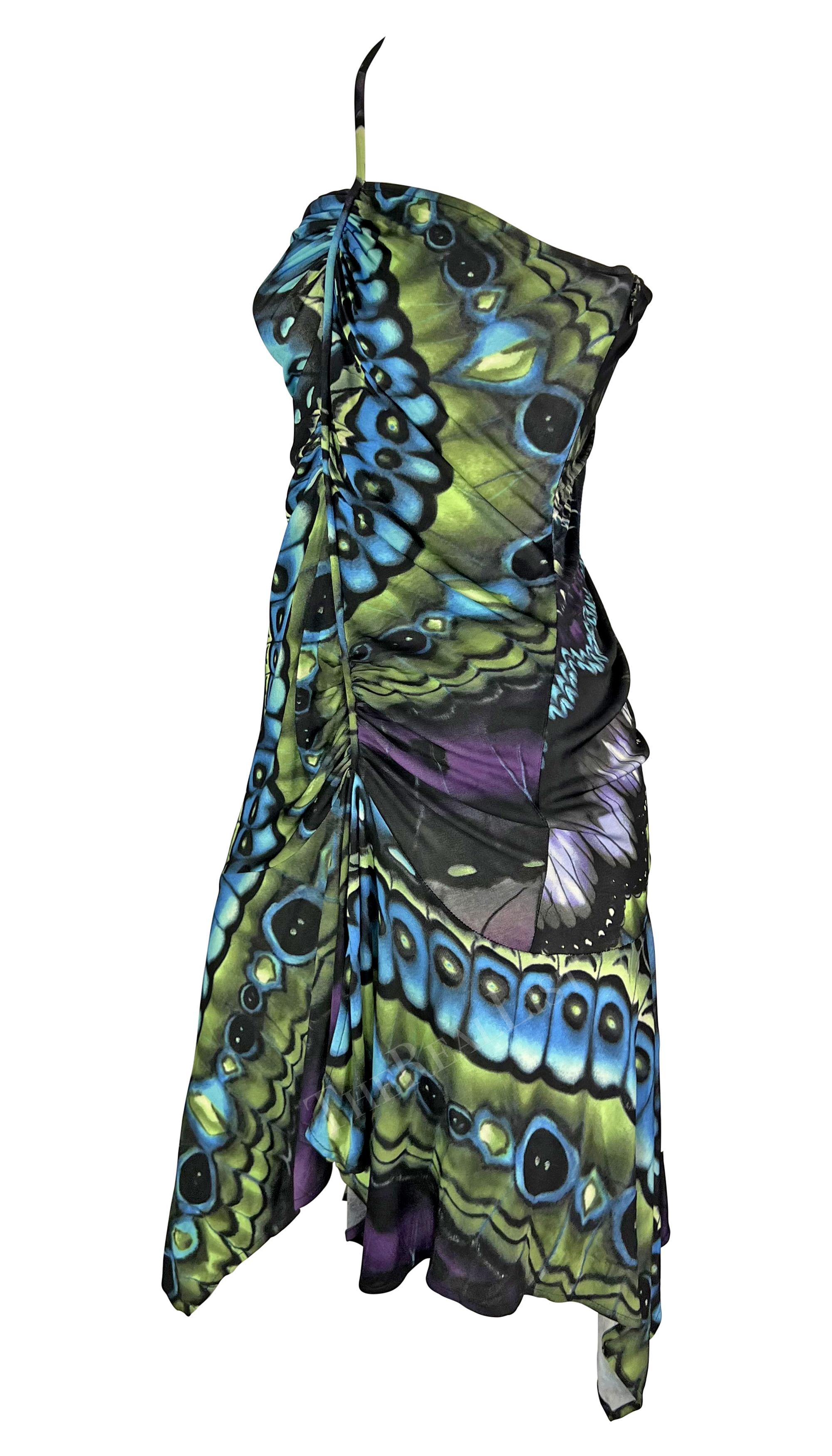 Women's F/W 2003 Versace by Donatella Butterfly Print Ruched Bodycon Flare Dress For Sale