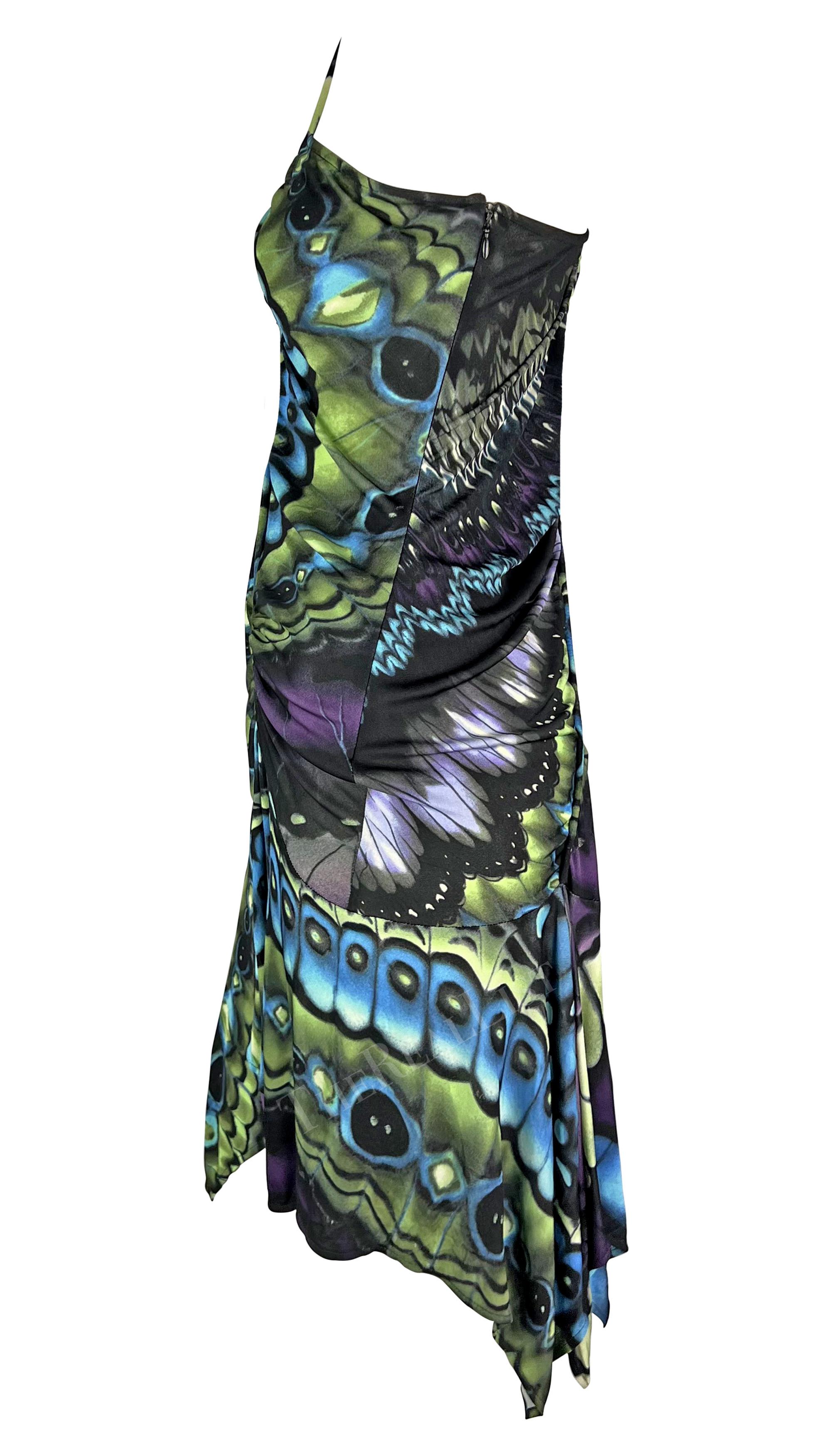 F/W 2003 Versace by Donatella Butterfly Print Ruched Bodycon Flare Dress For Sale 1