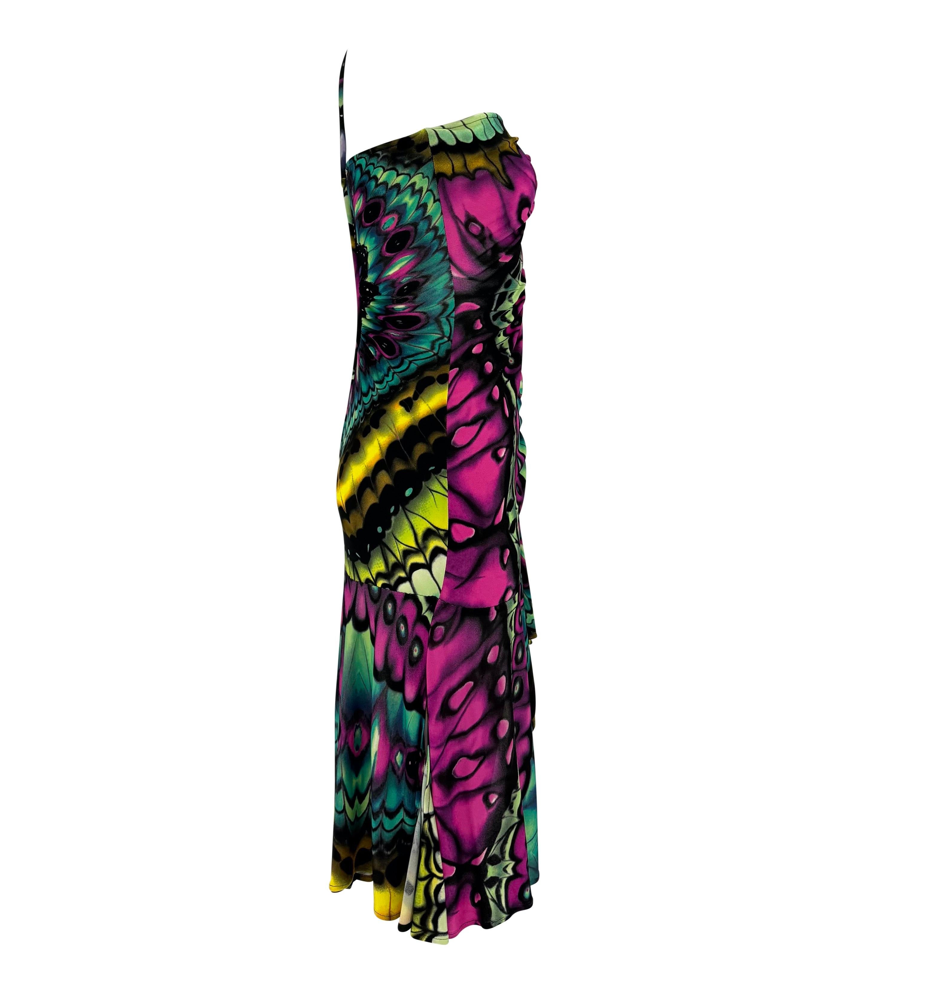 Donna A/I 2003 Versace by Donatella Versace, vestito con stampa a farfalla e increspato, con taglio a flare. in vendita