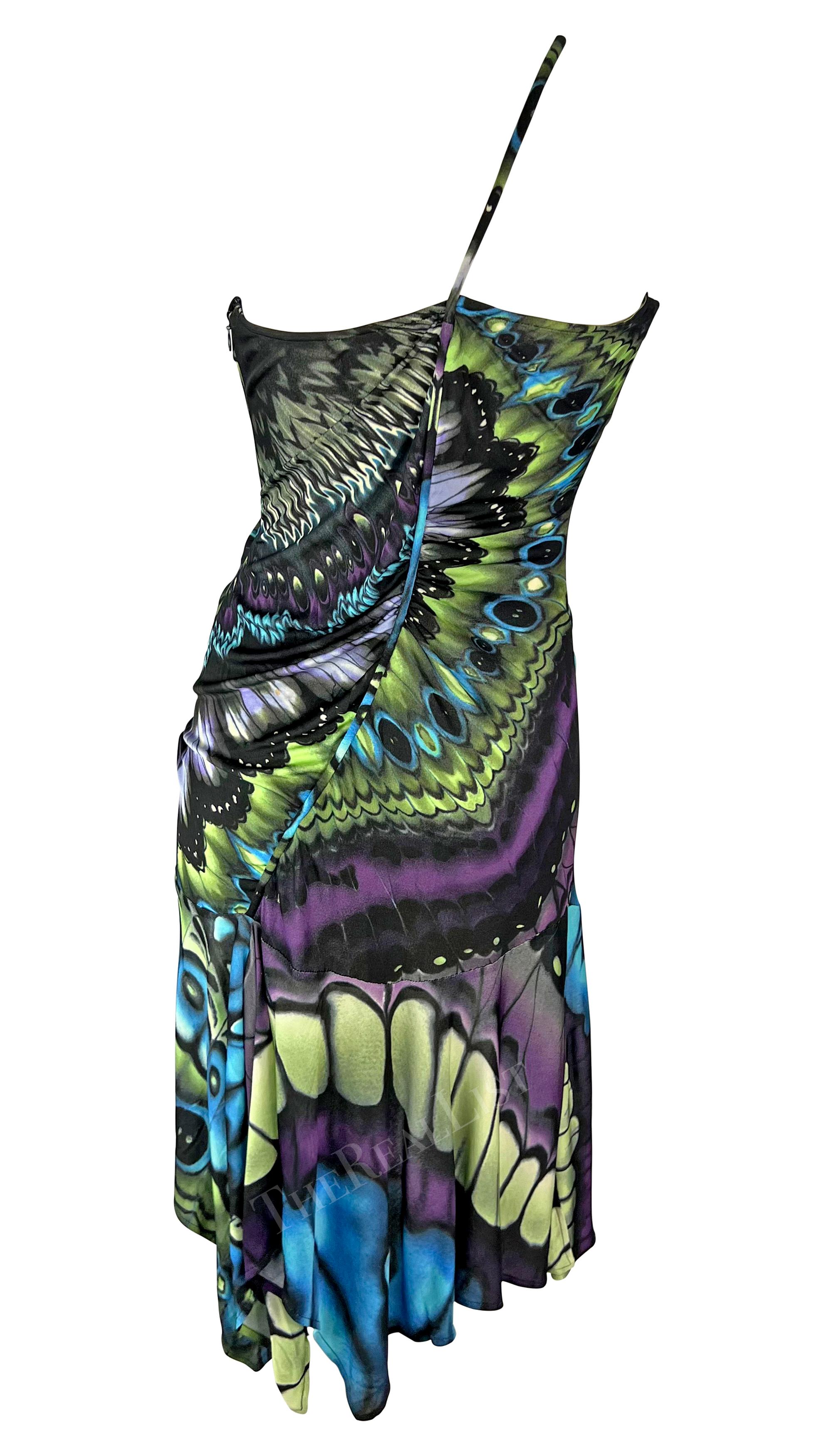 F/W 2003 Versace by Donatella Butterfly Print Ruched Bodycon Flare Dress For Sale 2