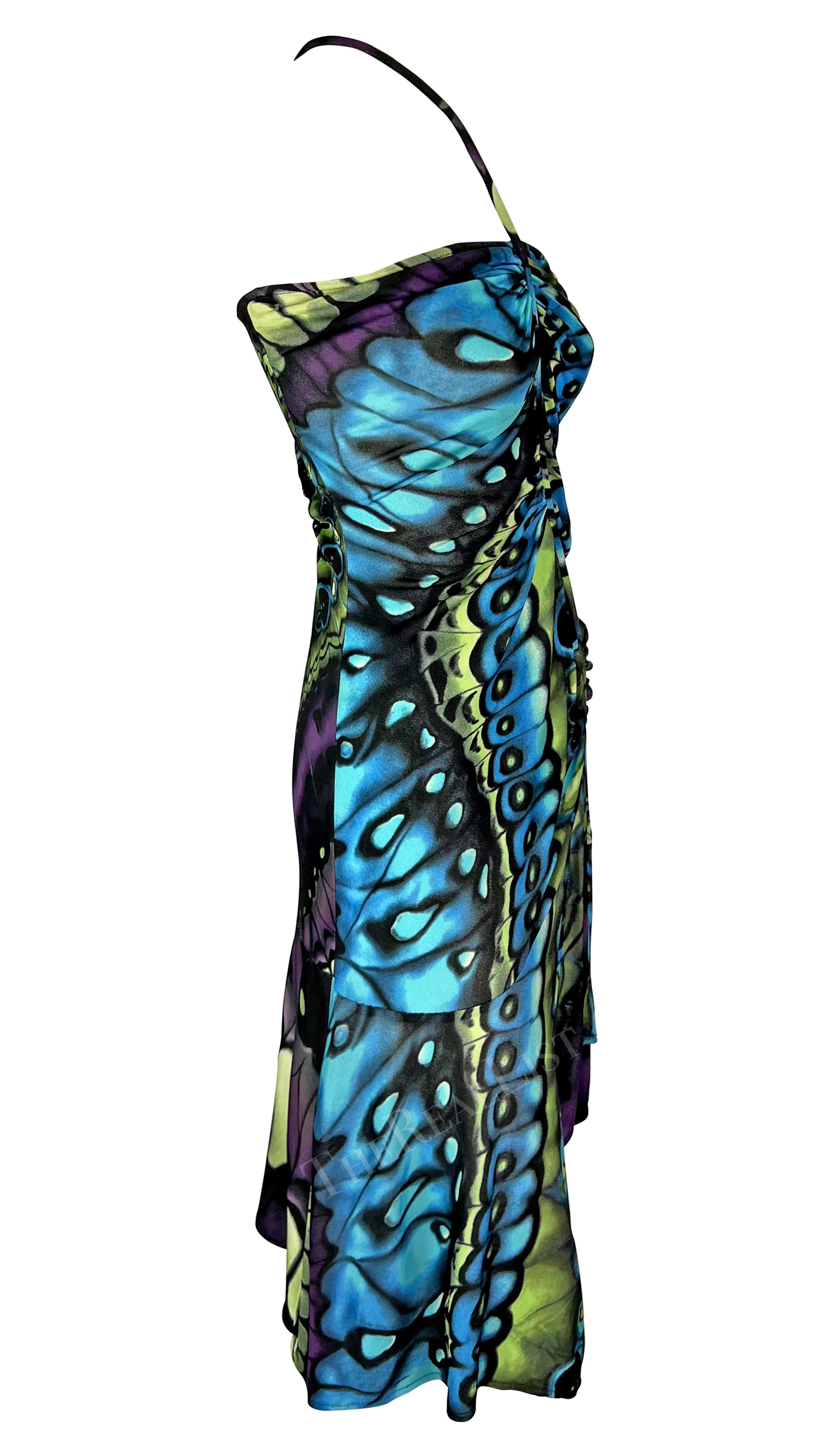 F/W 2003 Versace by Donatella Butterfly Print Ruched Bodycon Flare Dress For Sale 3