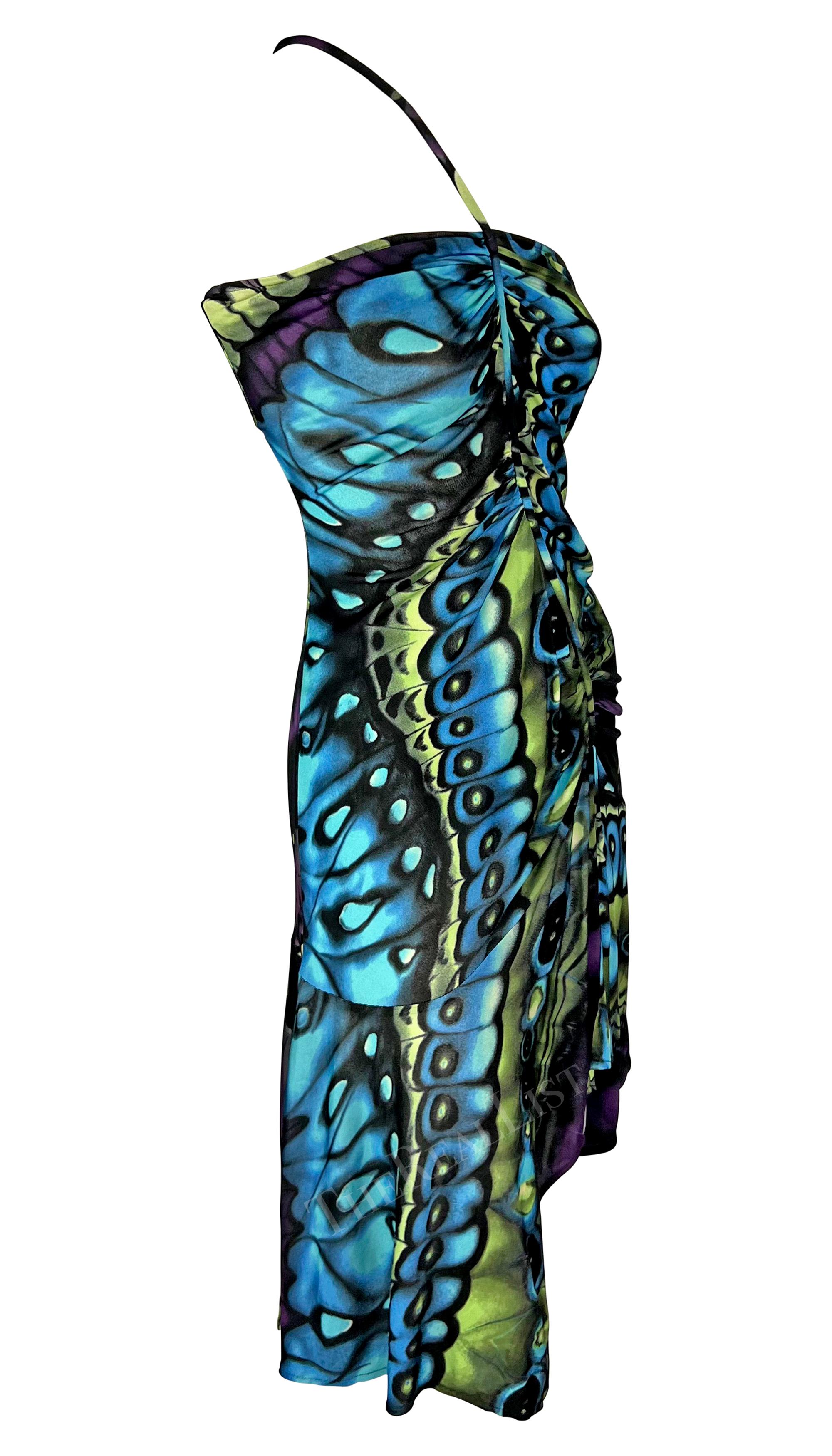 F/W 2003 Versace by Donatella Butterfly Print Ruched Bodycon Flare Dress For Sale 4