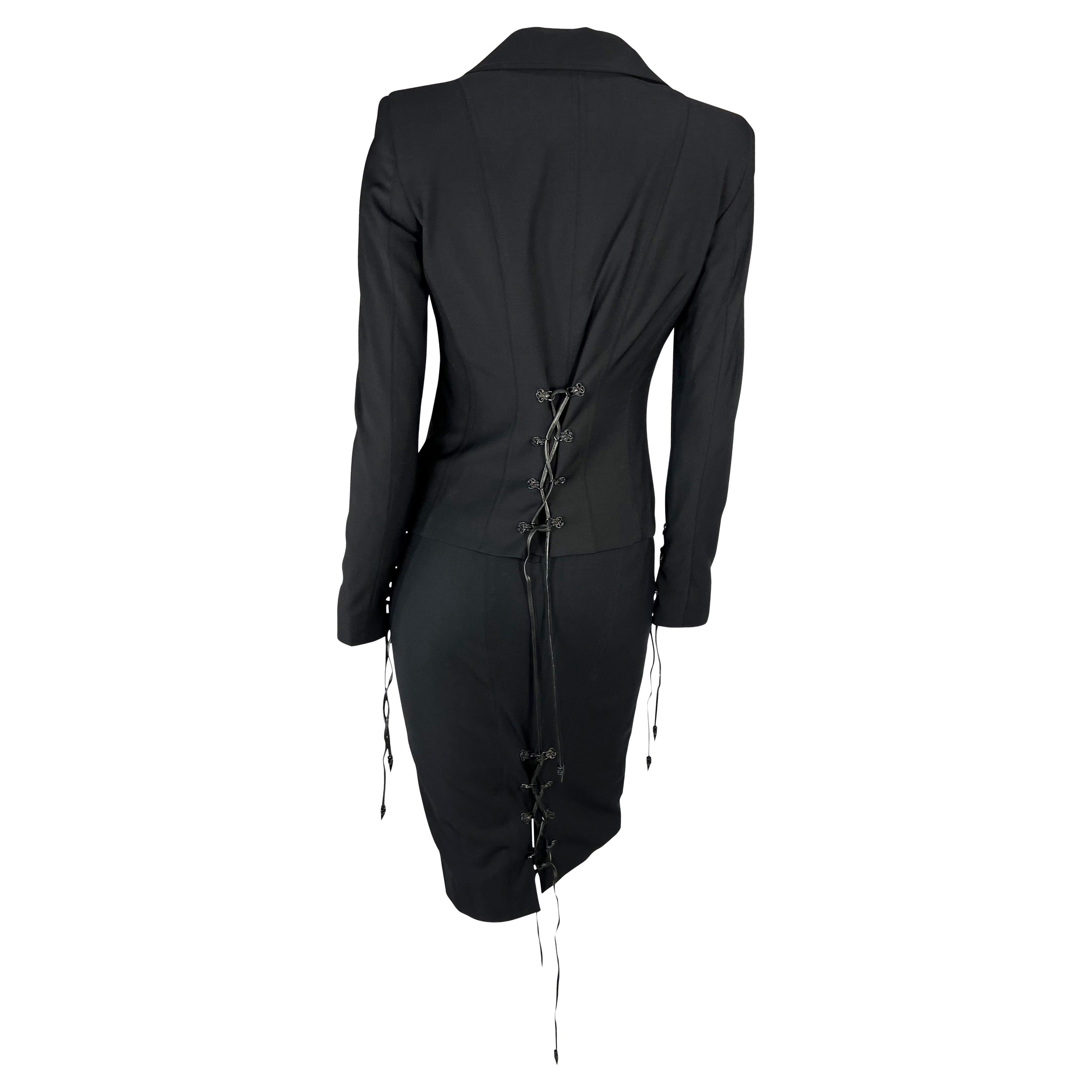 F/W 2003 Versace by Donatella Leather Lace-Up Serpent Black Skirt Suit For Sale