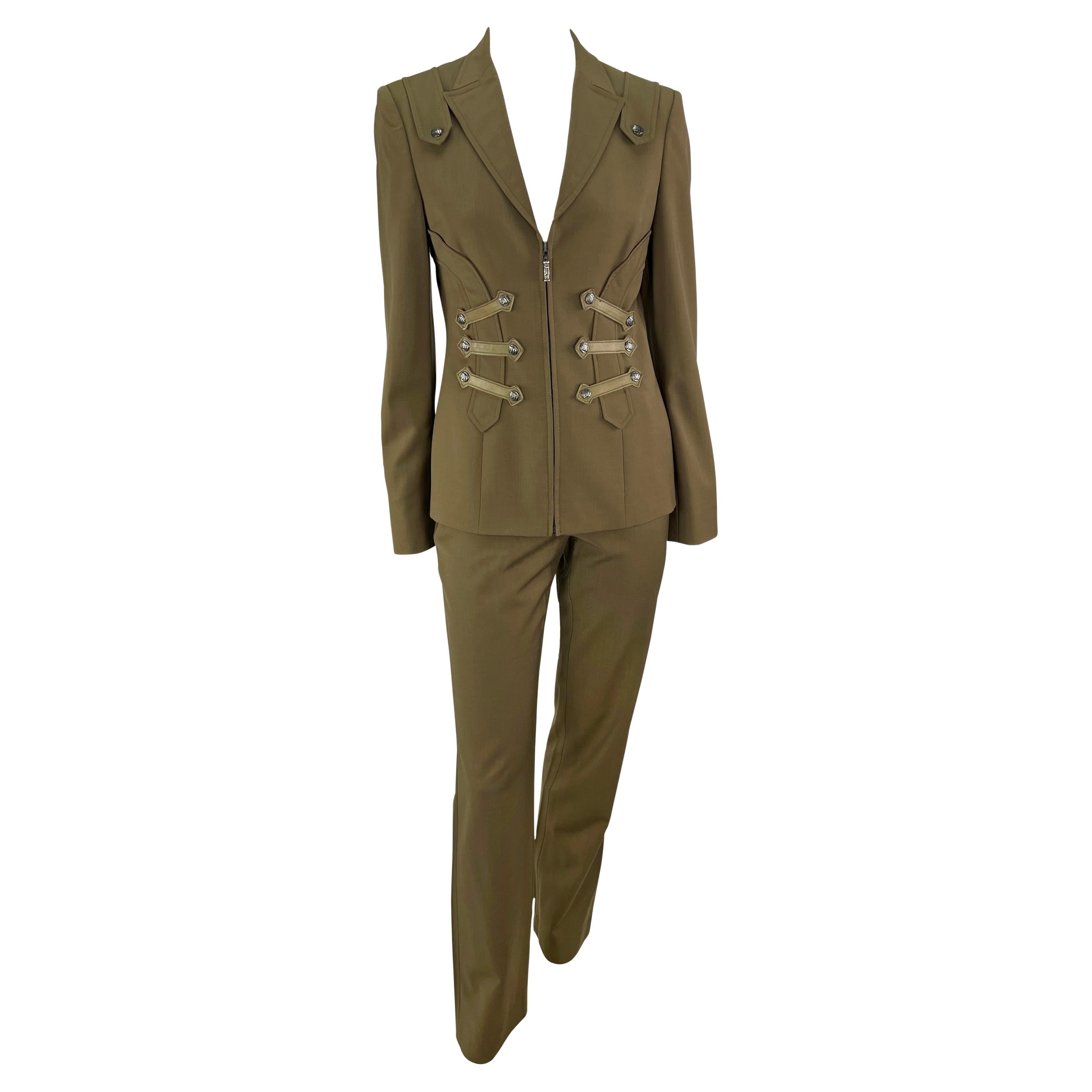 F/W 2003 Versace by Donatella Olive Green Harness Style Leather Trim Pantsuit  For Sale