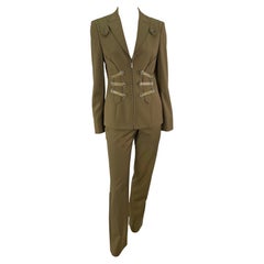 F/W 2003 Versace by Donatella Olive Green Harness Style Leather Trim Pantsuit 