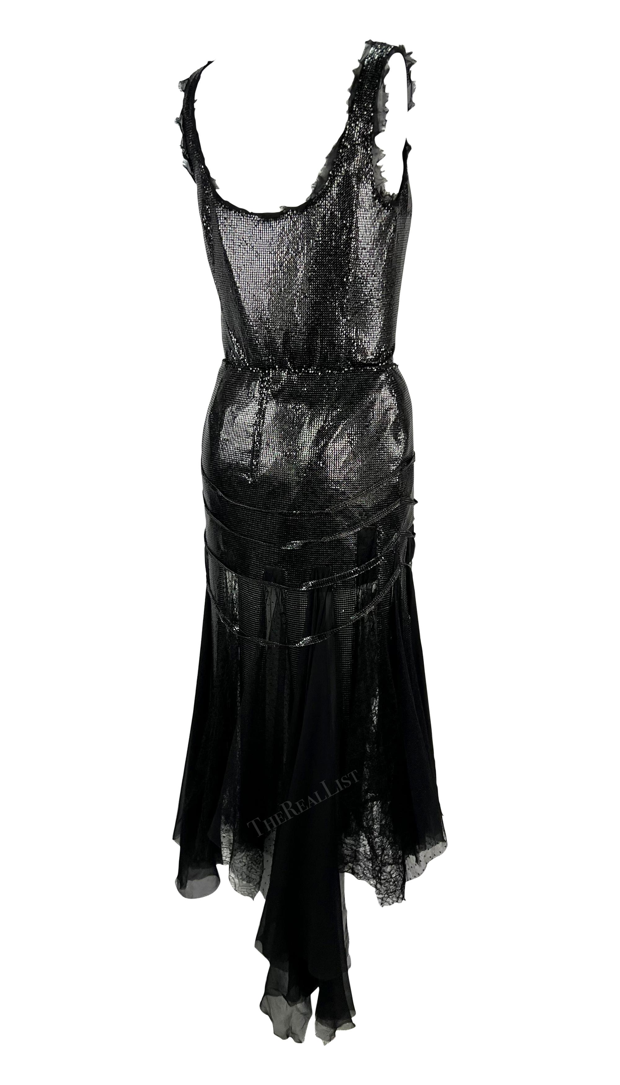 F/W 2003 Versace by Donatella Runway Black Oroton Metal Chiffon Lace Skirt Set For Sale 6