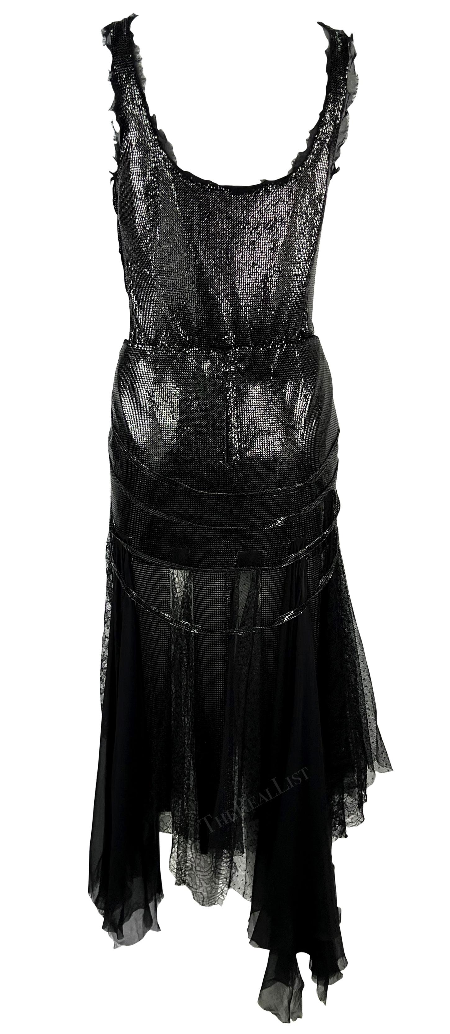 F/W 2003 Versace by Donatella Runway Black Oroton Metal Chiffon Lace Skirt Set For Sale 7