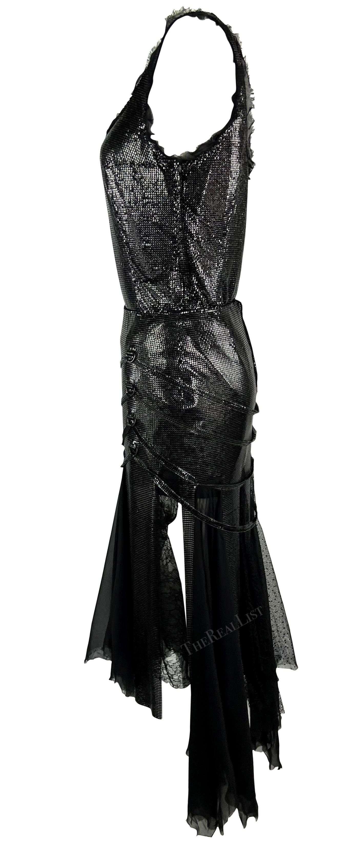 F/W 2003 Versace by Donatella Runway Black Oroton Metal Chiffon Lace Skirt Set For Sale 9